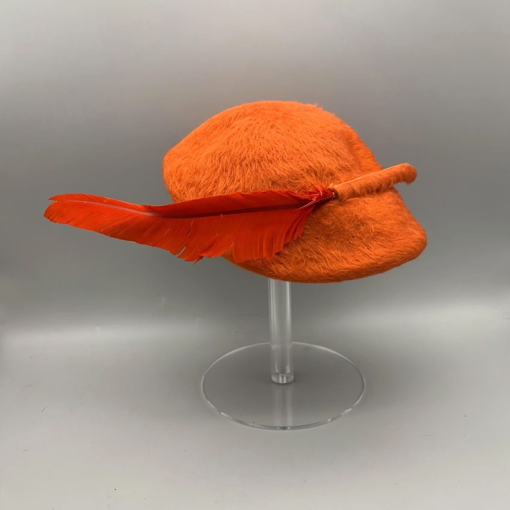 FELT VINTAGE Marcee Modes Hat Cloche Womens One Size Orange Wool Felt Feather 60s Size ONE SIZE - 5 Thumbnail