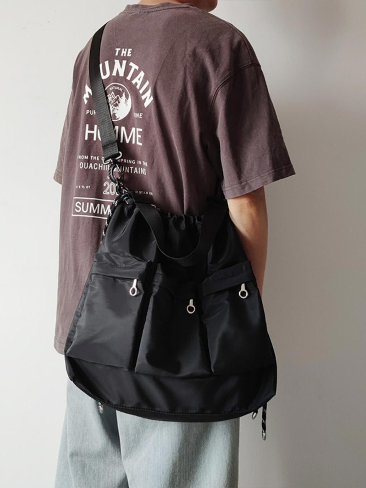 Vintage Trendy Black Drawstring Bag with Pockets Size ONE SIZE - 3 Thumbnail