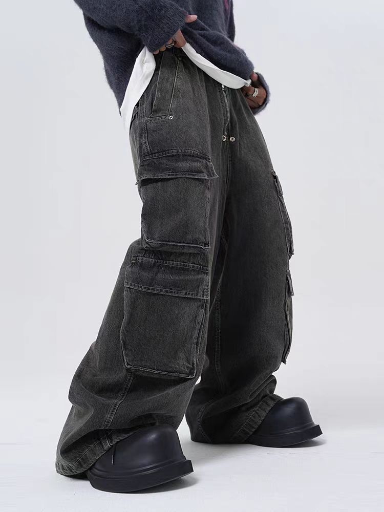 Japanese Brand Retro street multi-pocket drawstring straight-leg jeans Size US 34 / EU 50 - 3 Thumbnail