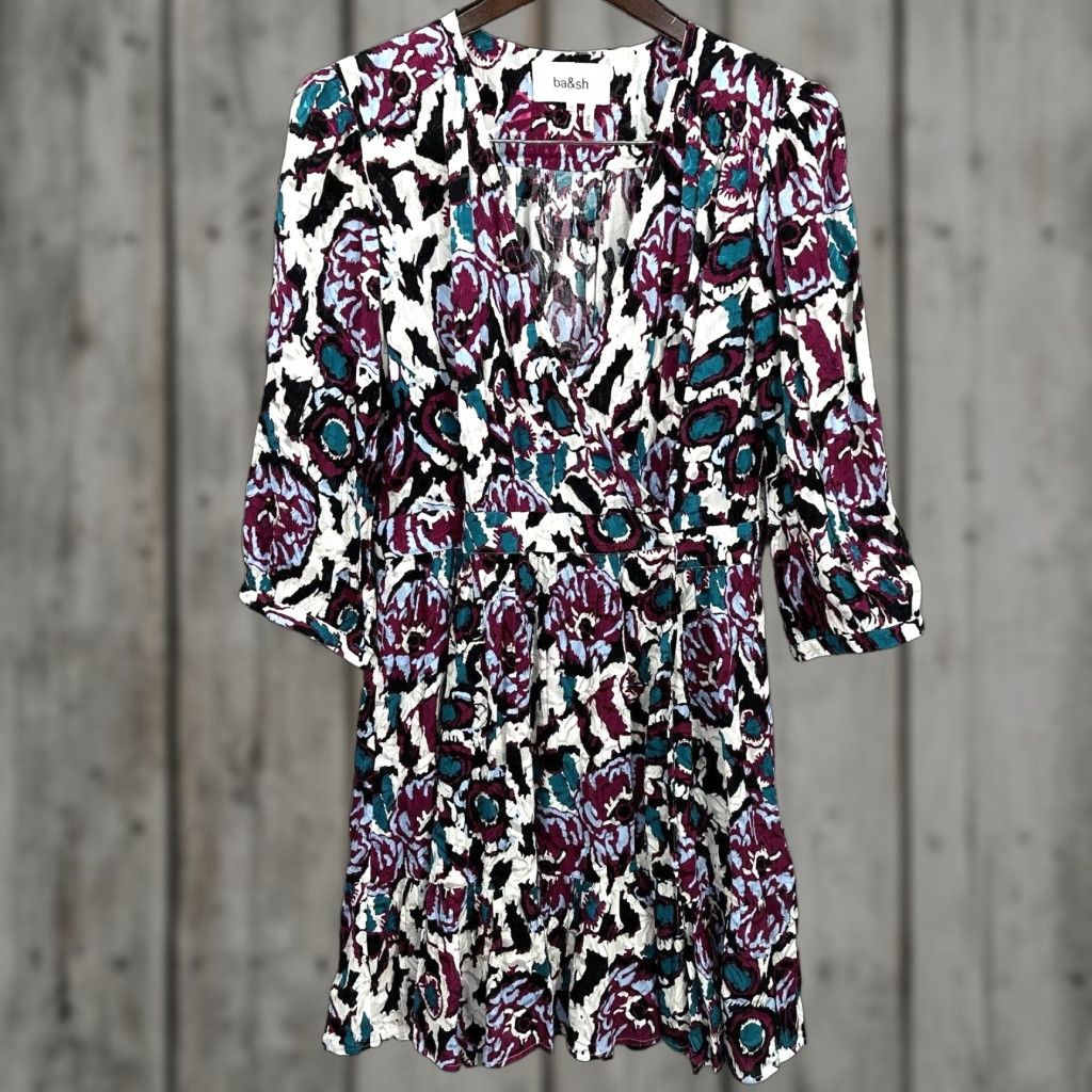 ba&sh ba&sh Bash Dress Womens M Floral Ivory V-Neck 3/4 Sleeve Wrap Mini Bohemian Designer Party Casual Womens Size M / US 6-8 / IT 42-44 - 1 Thumbnail