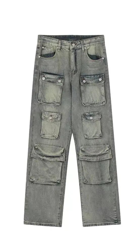 VIBE Retro yellow mud-dyed washed distressed multi-pocket jeans Size US 32 / EU 48 - 4 Thumbnail