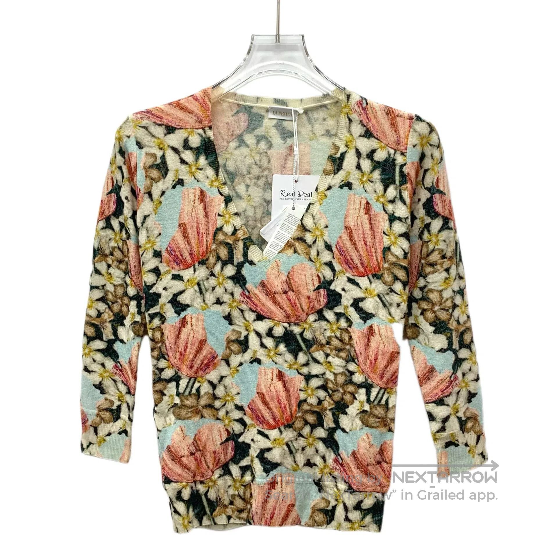 La Perla Laperla Color-Blocked Floral Inlay Cashmere V-Neck Long Sl Size XS / US 0-2 / IT 36-38 - 1 Thumbnail