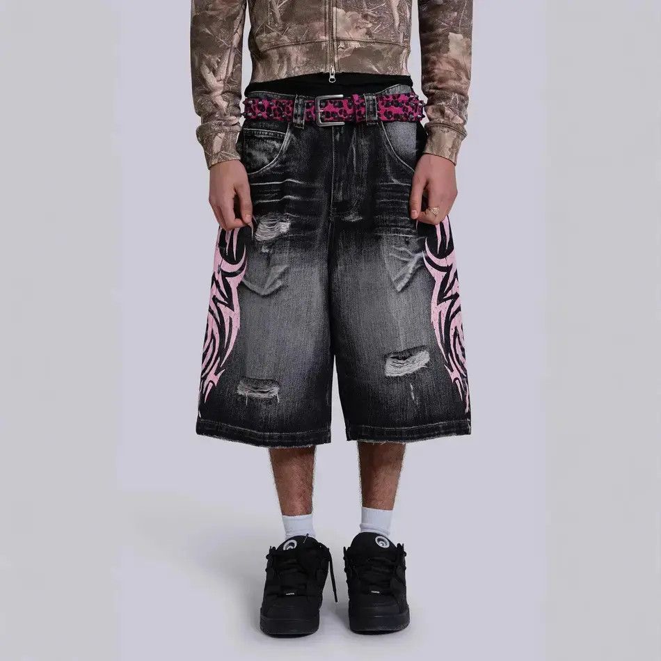 Retro wide leg ripped denim shorts