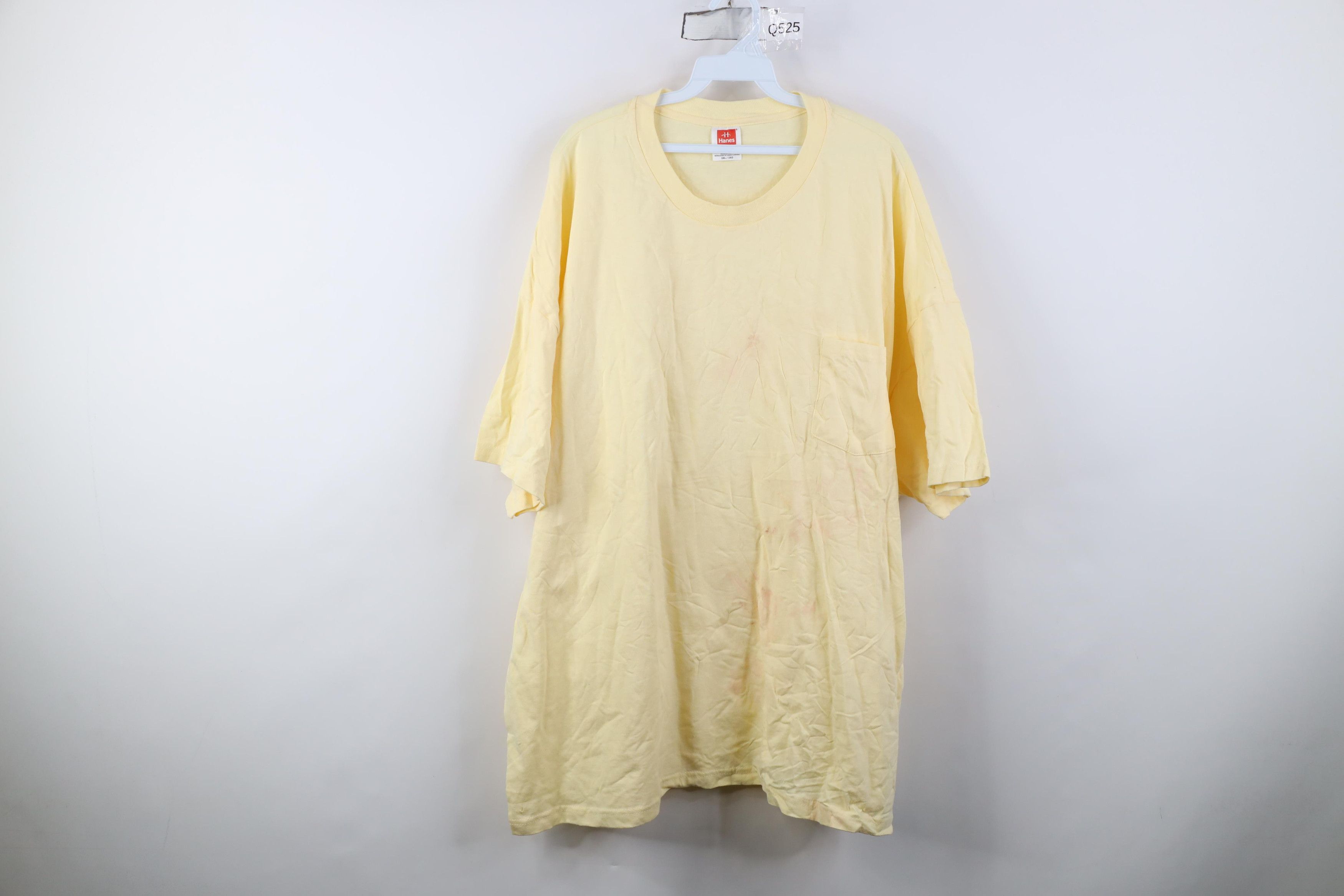 Hanes Vintage 90s Hanes Distressed Cotton Pocket T-Shirt Yellow Size US XXL / EU 58 / 5 - 1 Thumbnail