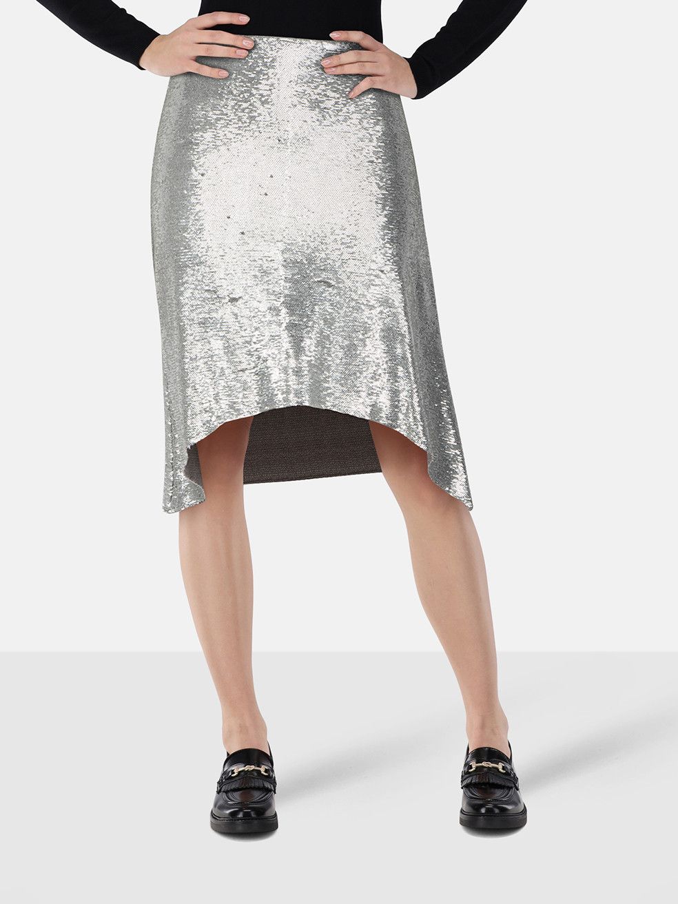 Silver Sequin Asymmetric Hem Skirt