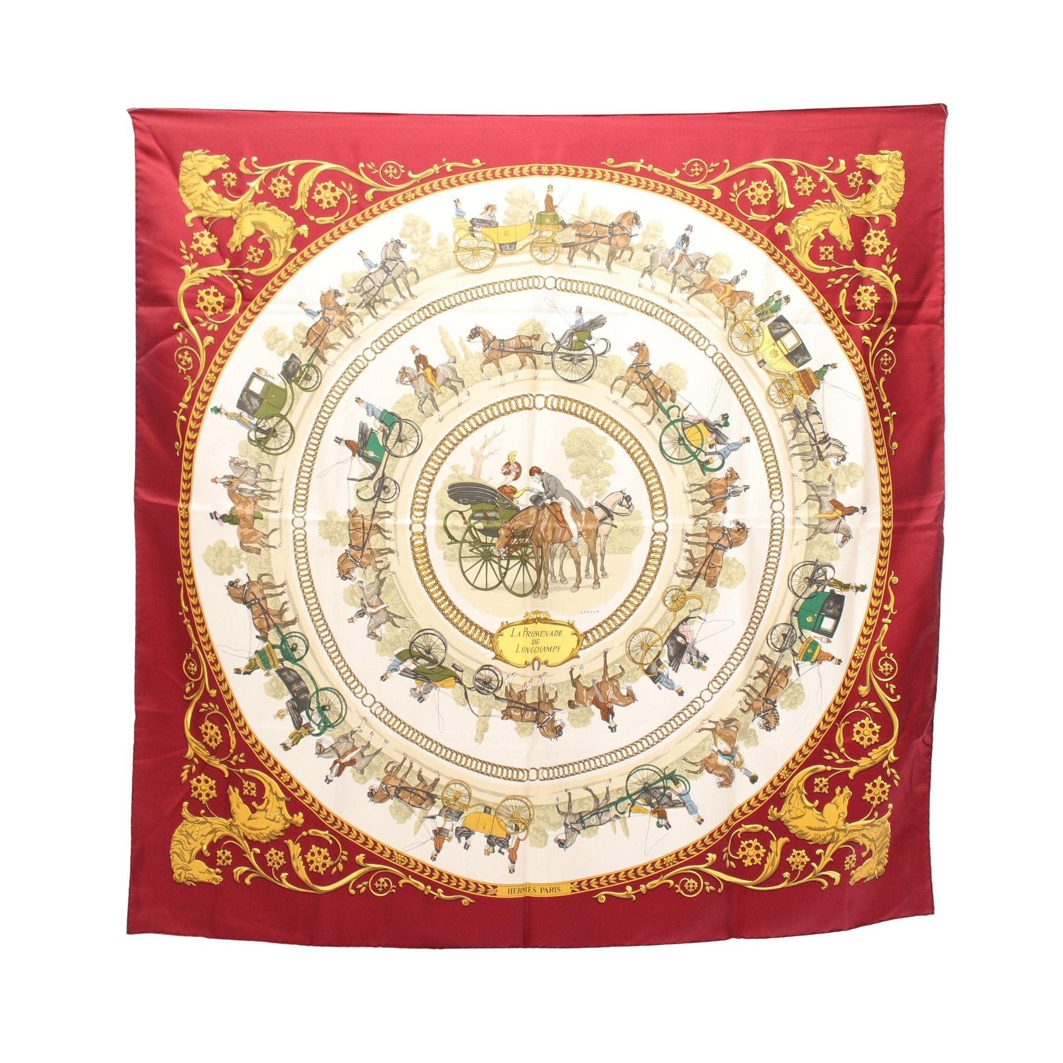 Hermes Hermes Carres 90 La Promenade De Longchamps Scarf Silk Ivory Bordeaux Multicolor Size ONE SIZE - 1 Thumbnail