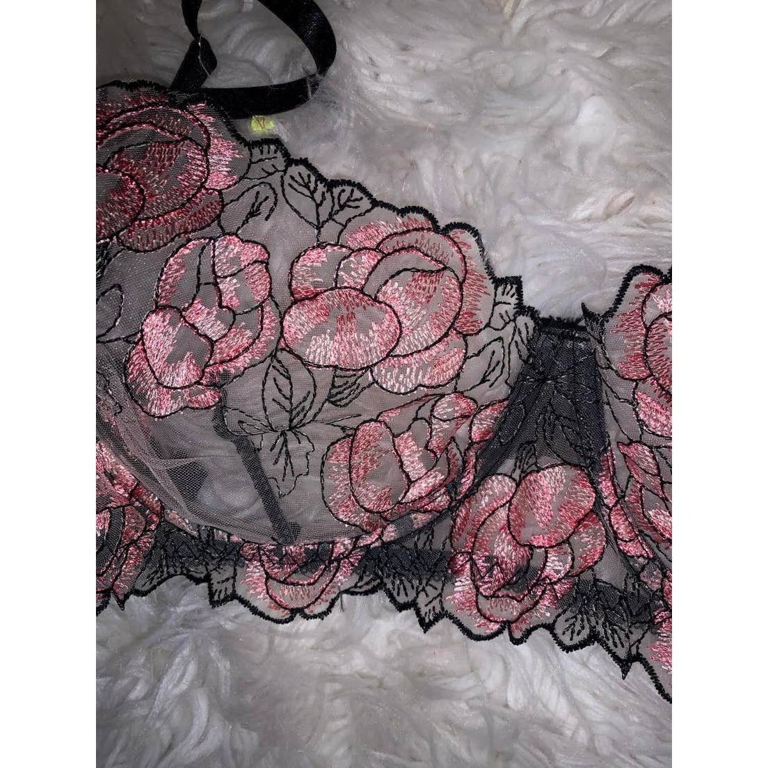 Other BRAND NEW Lace Mesh Black and Pink Rose Bra Lingerie Top 1XL Size ONE SIZE - 2 Thumbnail