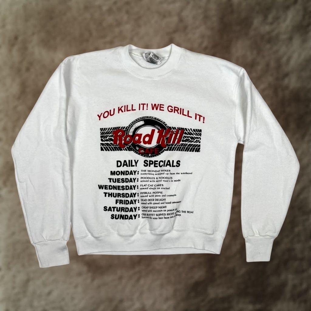 Fruit Of The Loom VINTAGE Fruit of the Loom Road Kill Cafe Sweatshirt Mens M White Graphic 90s Made in USA Size US M / EU 48-50 / 2 - 1 Thumbnail