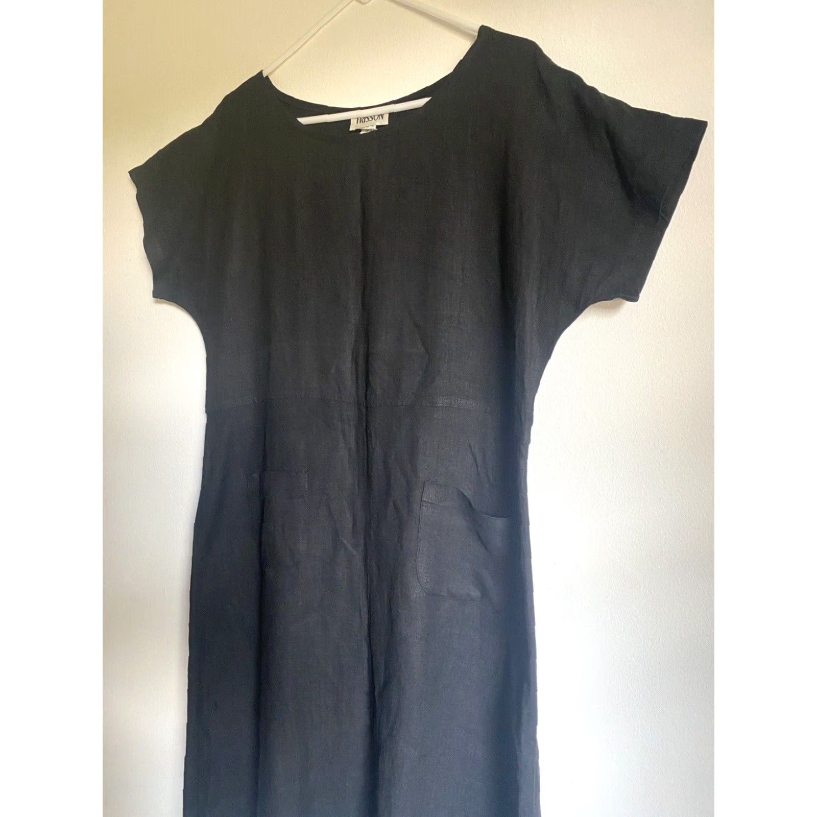 Vintage VINTAGE Frisson Women's Linen Midi Dress Short Sleeve Made in USA Sz L Black Pockets 90s Bohemian A-Line Casual Modern Classics Womens Size 36" / US 14 / IT 50 - 4 Thumbnail