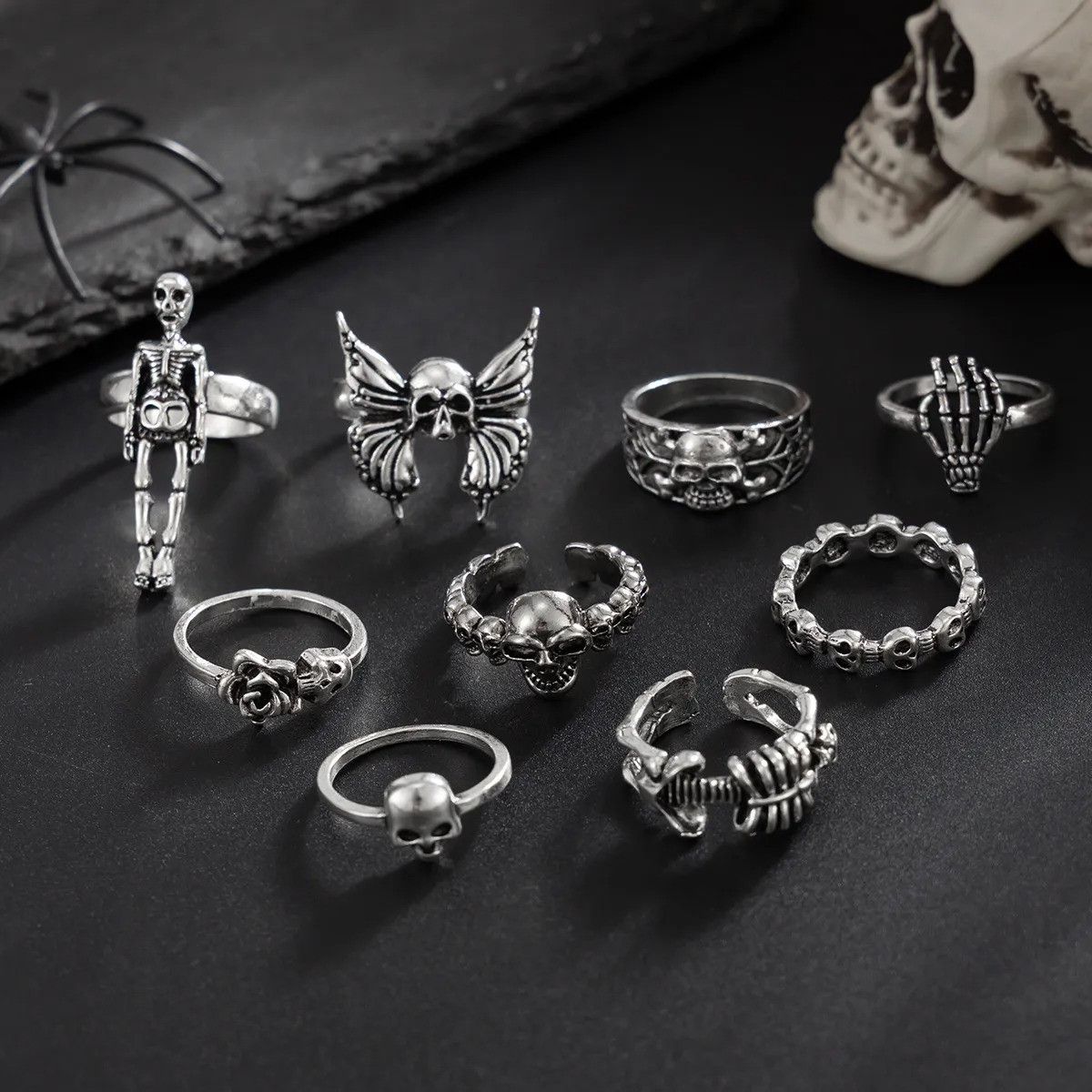 Vintage 9pcs Skull Head Ring Size ONE SIZE - 4 Thumbnail