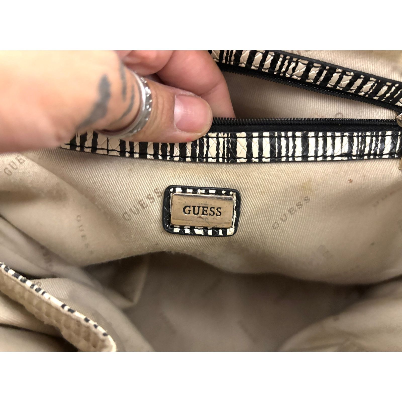 Guess Guess Kamryn Stripe Python Tote Black White Shoulder Handbag Size ONE SIZE - 22 Thumbnail