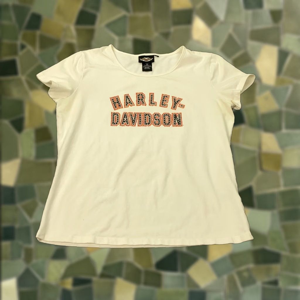 Harley Davidson Harley-Davidson Shirt Womens Large White Rhinestone Embellished Stretch Crew Neck Cap Sleeve T-Shirt Casual Size L / US 10 / IT 46 - 1 Thumbnail
