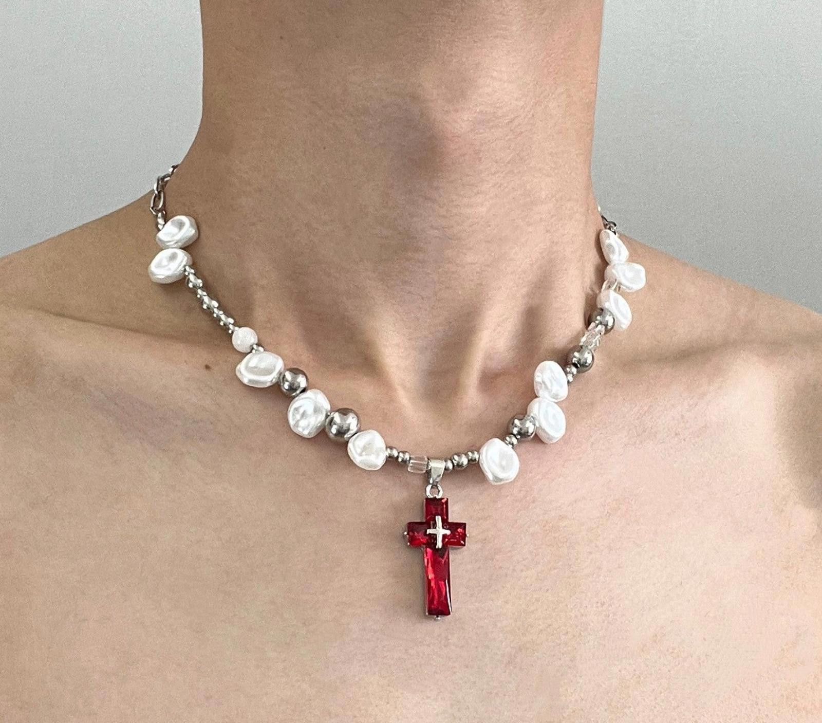 Jewelry Red Cross Pearl Necklace Size ONE SIZE - 2 Thumbnail
