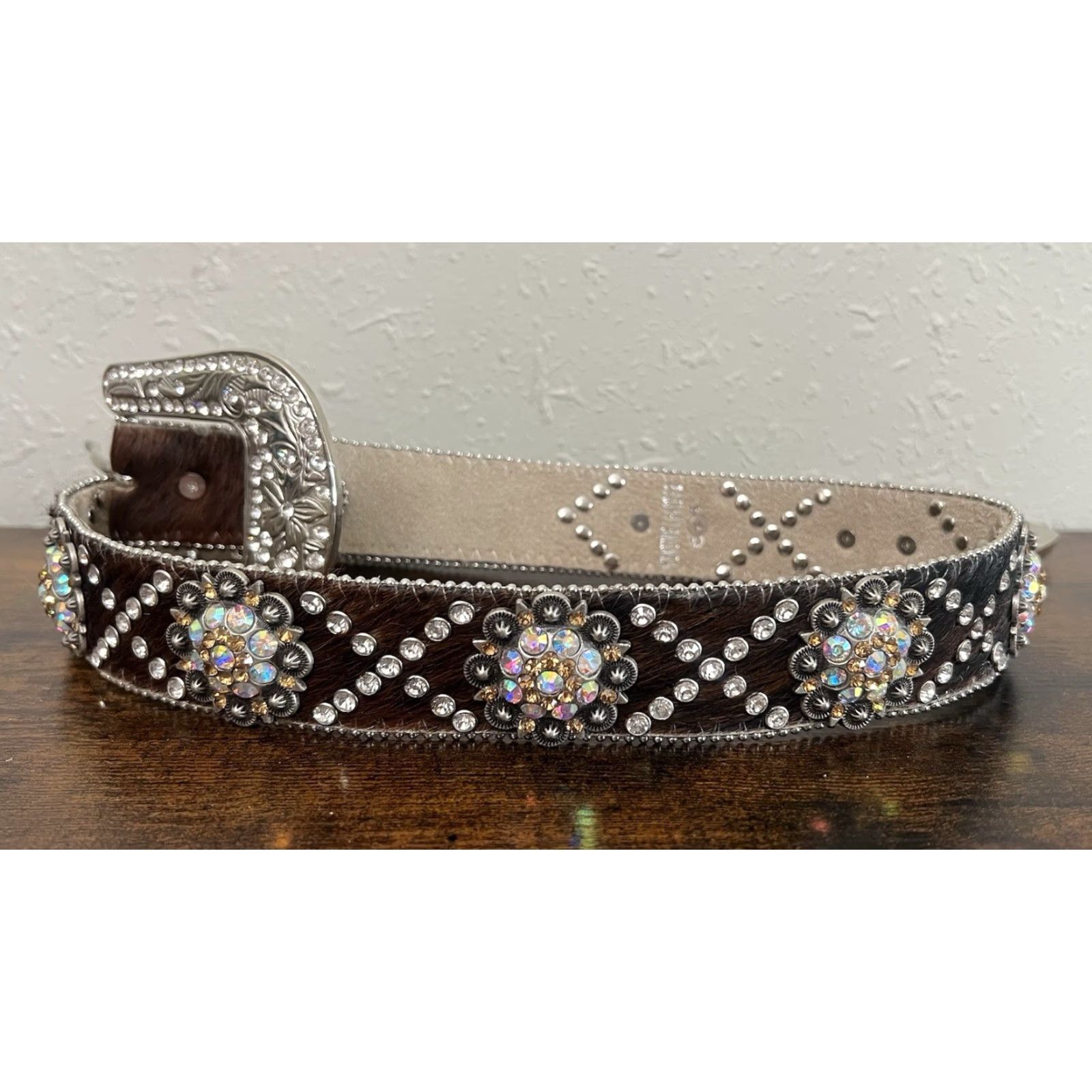 Vintage BHW Bling Rhinestones Leather Hair On Western Cowgirl Belt S/M Women Belt White & Brown Hair On Leather Rhinestone Bling Accent Size ONE SIZE - 4 Thumbnail