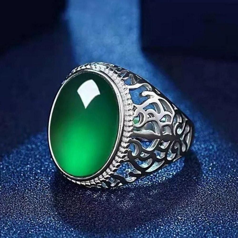 Designer Men's 925 Sterling Silver Green Resin Hollow Open Ring Size ONE SIZE - 1 Thumbnail