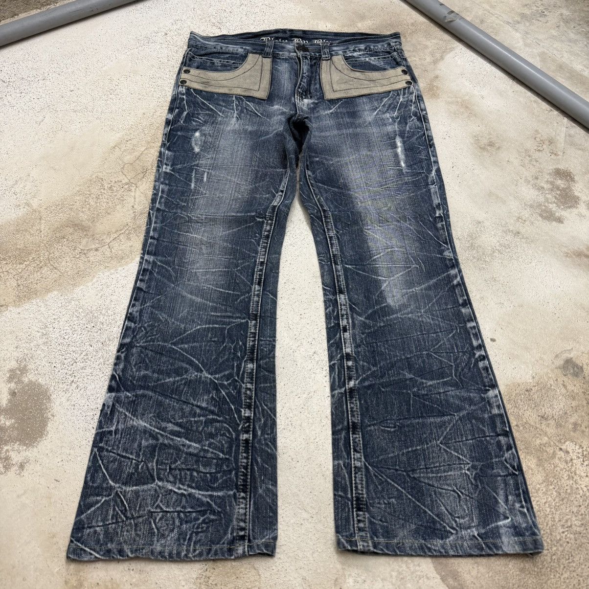 Japanese Brand Blow By Blue Crazy Y2K Whisker Washed Denim Pants Size US 31 - 1 Thumbnail