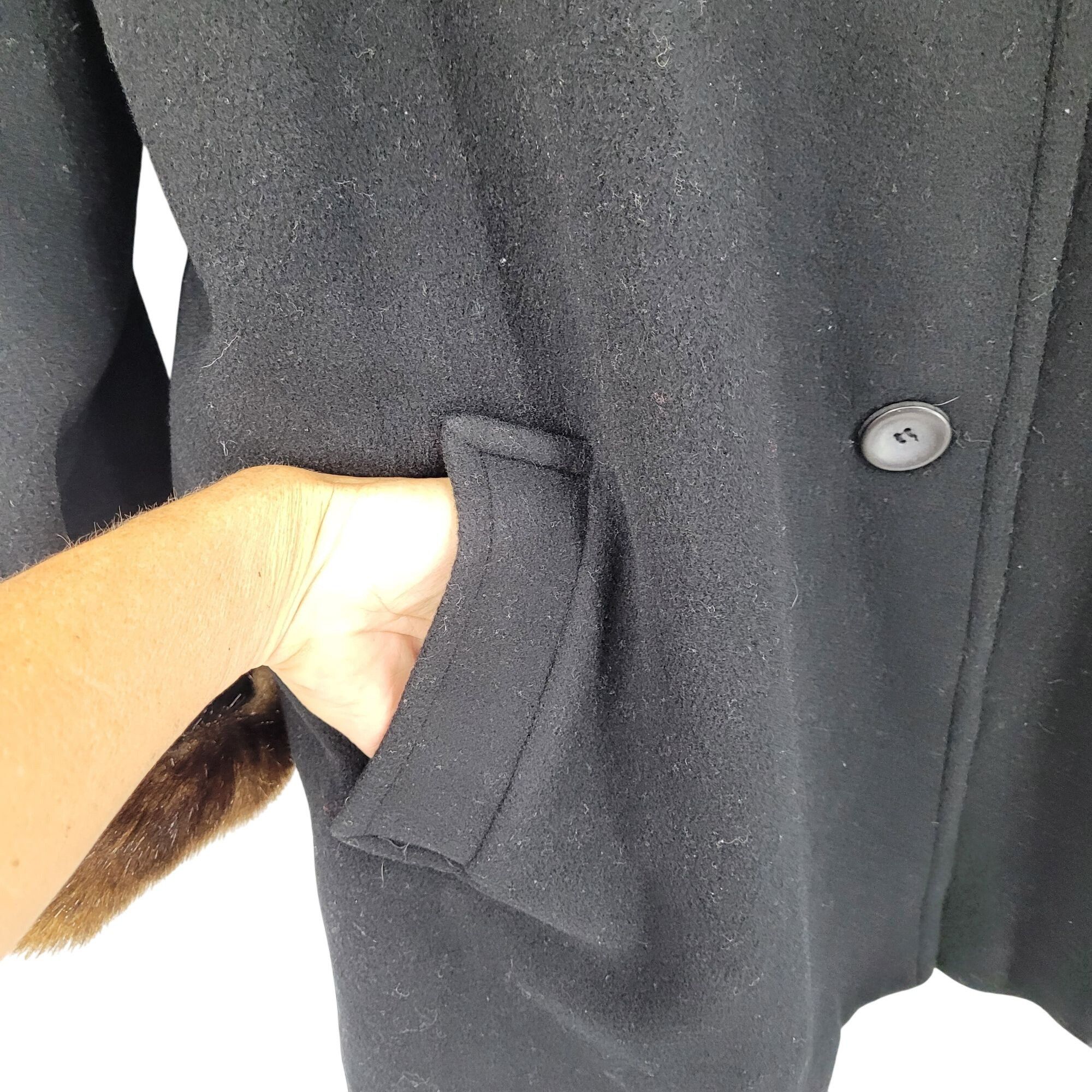 Vintage Vintage 80s Black Wool Coat 2X Faux Fur Hood Cuffs Button Fr Size XXL / US 16-18 / IT 52-54 - 5 Thumbnail