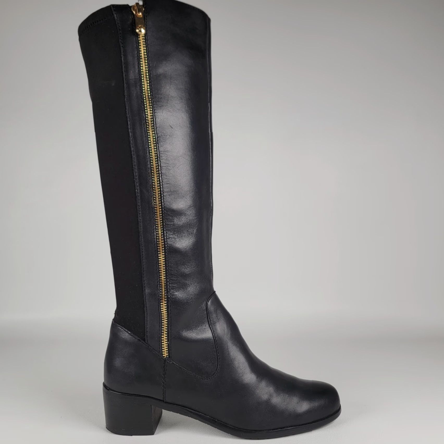 Vintage Tahari Kyle Black Leather Knee-High Boots 8M Zipper Stretch Leather Block Heel Riding Boot Women Footwear Casual Workwear City Tall Size US 8 / IT 38 - 4 Thumbnail