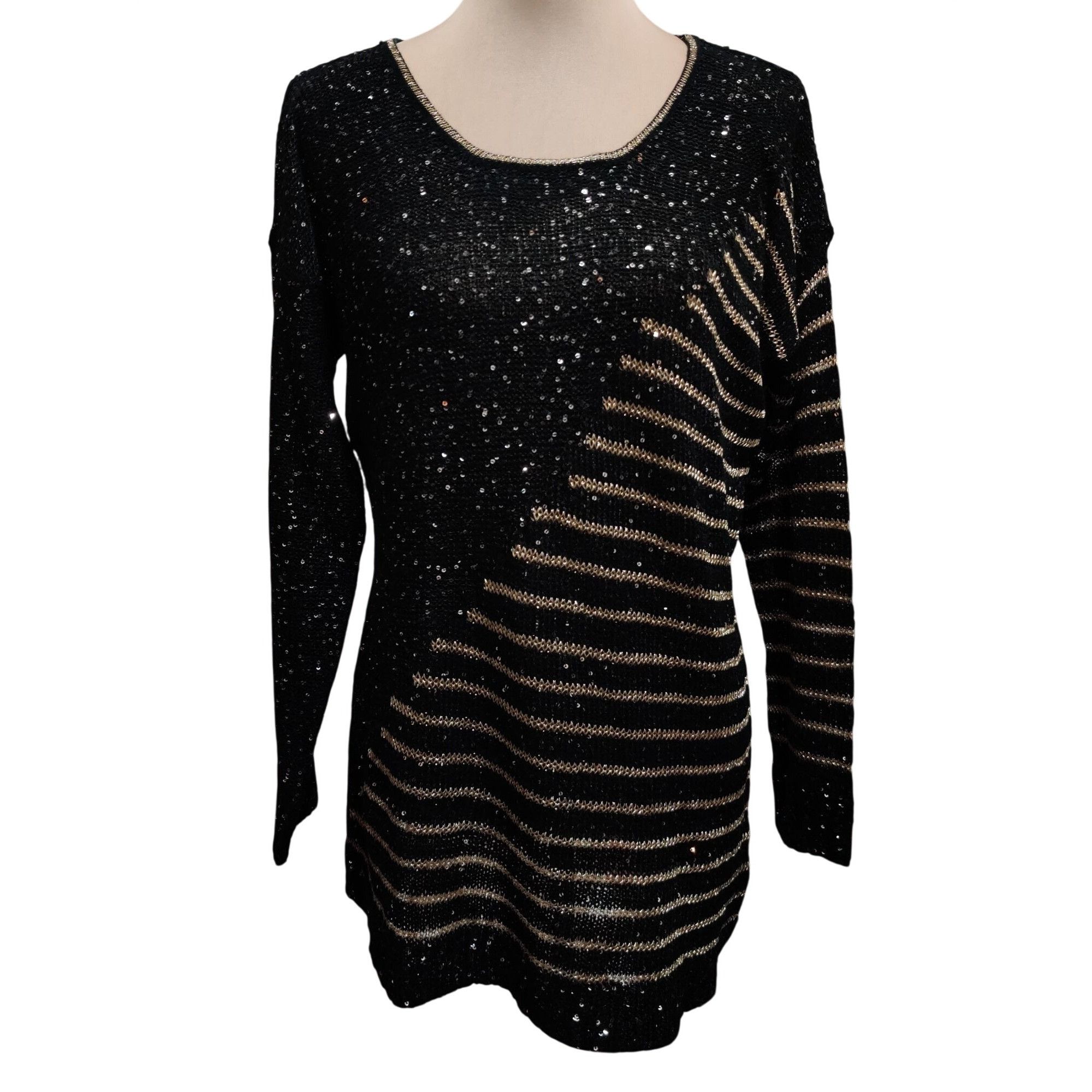 Vintage Vintage Escio Black Gold Sequin Stripe Knit Sweater Size M 8 Size M / US 6-8 / IT 42-44 - 2 Thumbnail
