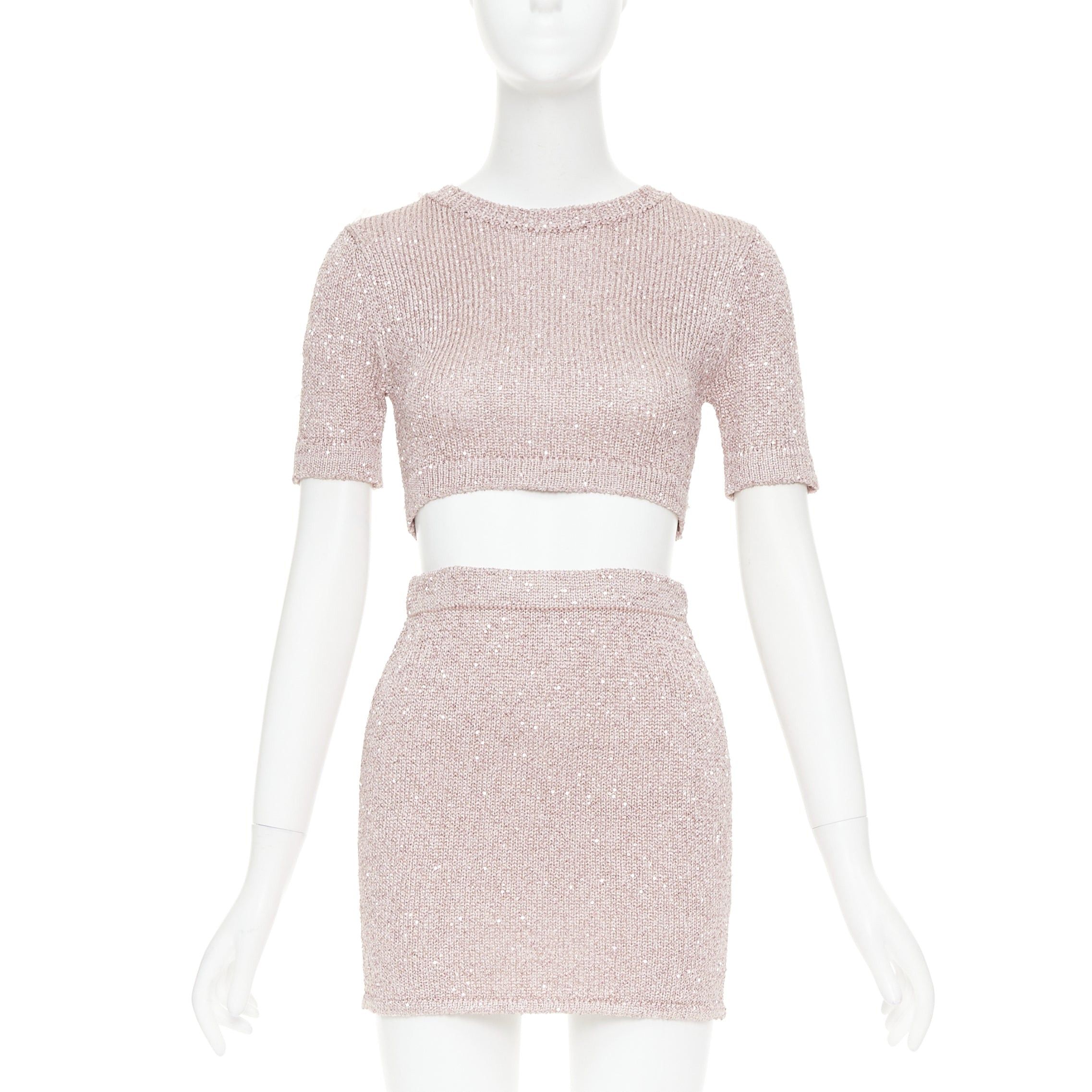 Alexandre Vauthier ALEXANDRE VAUTHIER Rose light pink sequinned metallic lurex knit crop sweater mini skirt Size S / US 4 / IT 40 - 1 Thumbnail