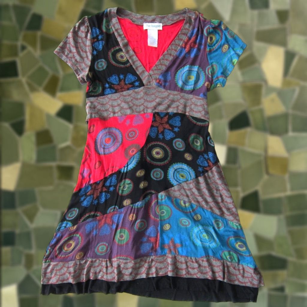 Vintage VINTAGE The Paragon Red Blue Green Floral Rayon Stretch Short Sleeve Empire Dress Large Size 36" / US 14 / IT 50 - 1 Thumbnail