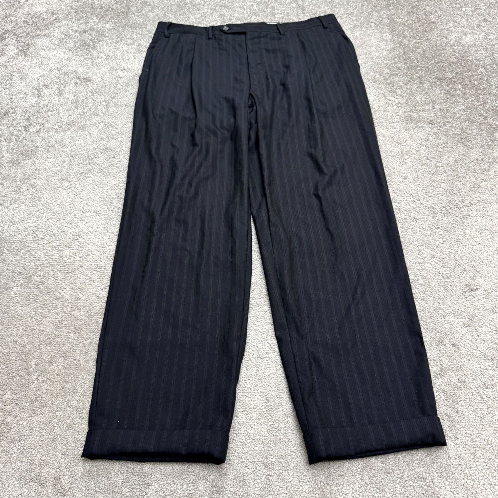 Canali Canali Wool Pinstriped Dress Pants Men 37x29 Navy Blue Cuffed Pleated Front Work Dress Pants Regular Fit Mens Blue Pinstriped Wool Pant Size US 37 - 2 Thumbnail