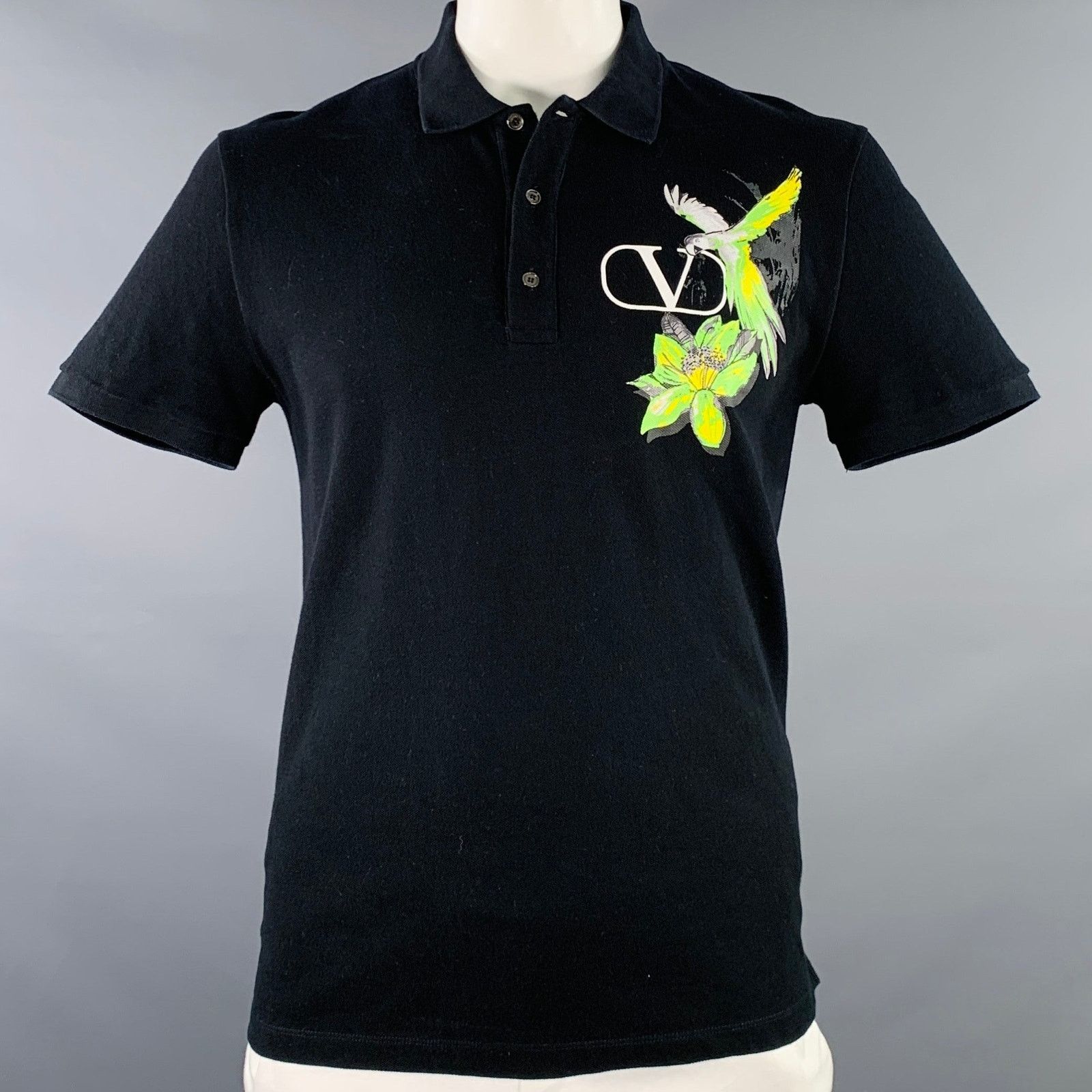 Valentino L Black Green Yellow Parrot Graphic Cotton Buttoned Polo Size US L / EU 52-54 / 3 - 1 Thumbnail