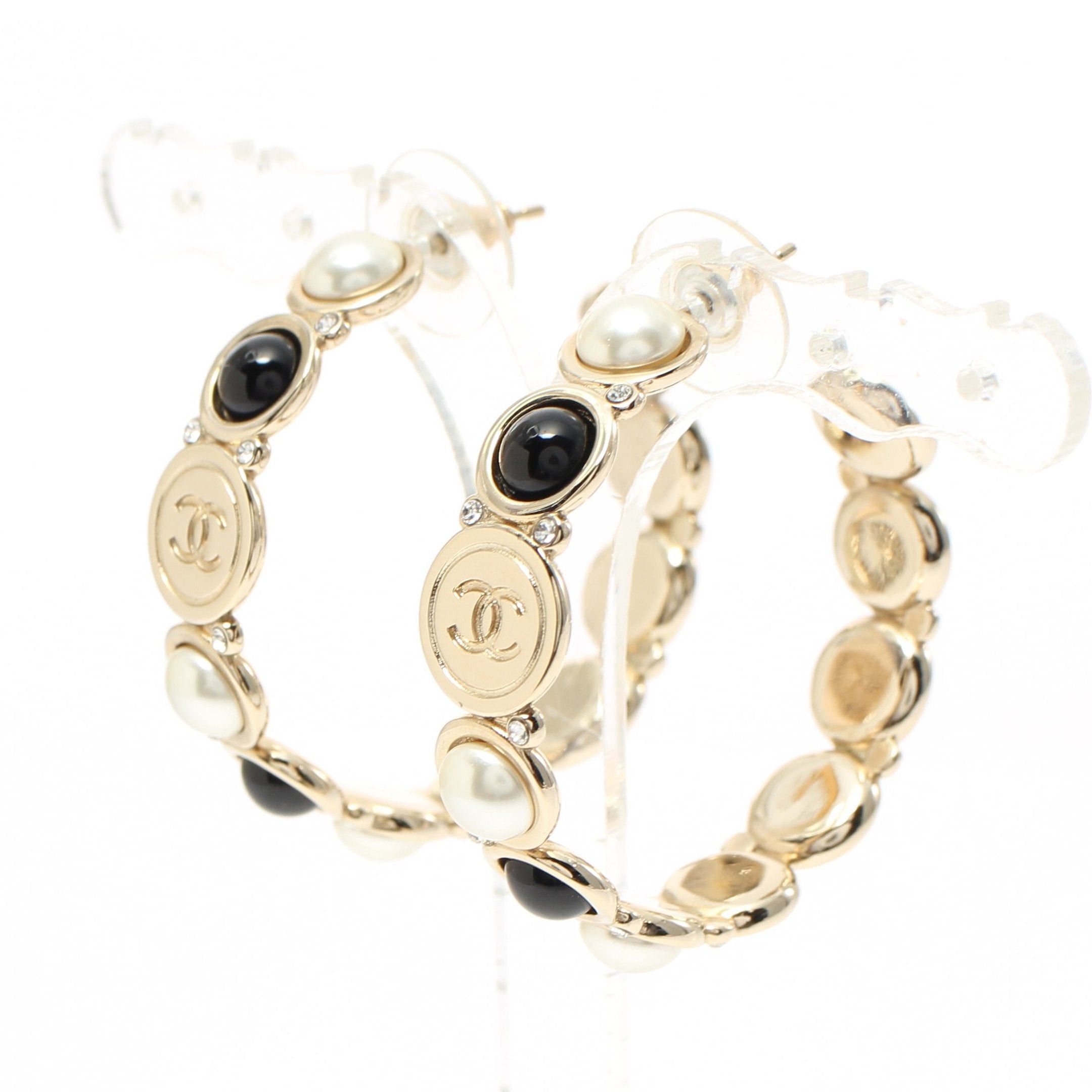 image of Chanel Coco Mark Hoop Earrings Gp Fake Pearl Rhinestone Gold Off White Black B19B, Women's