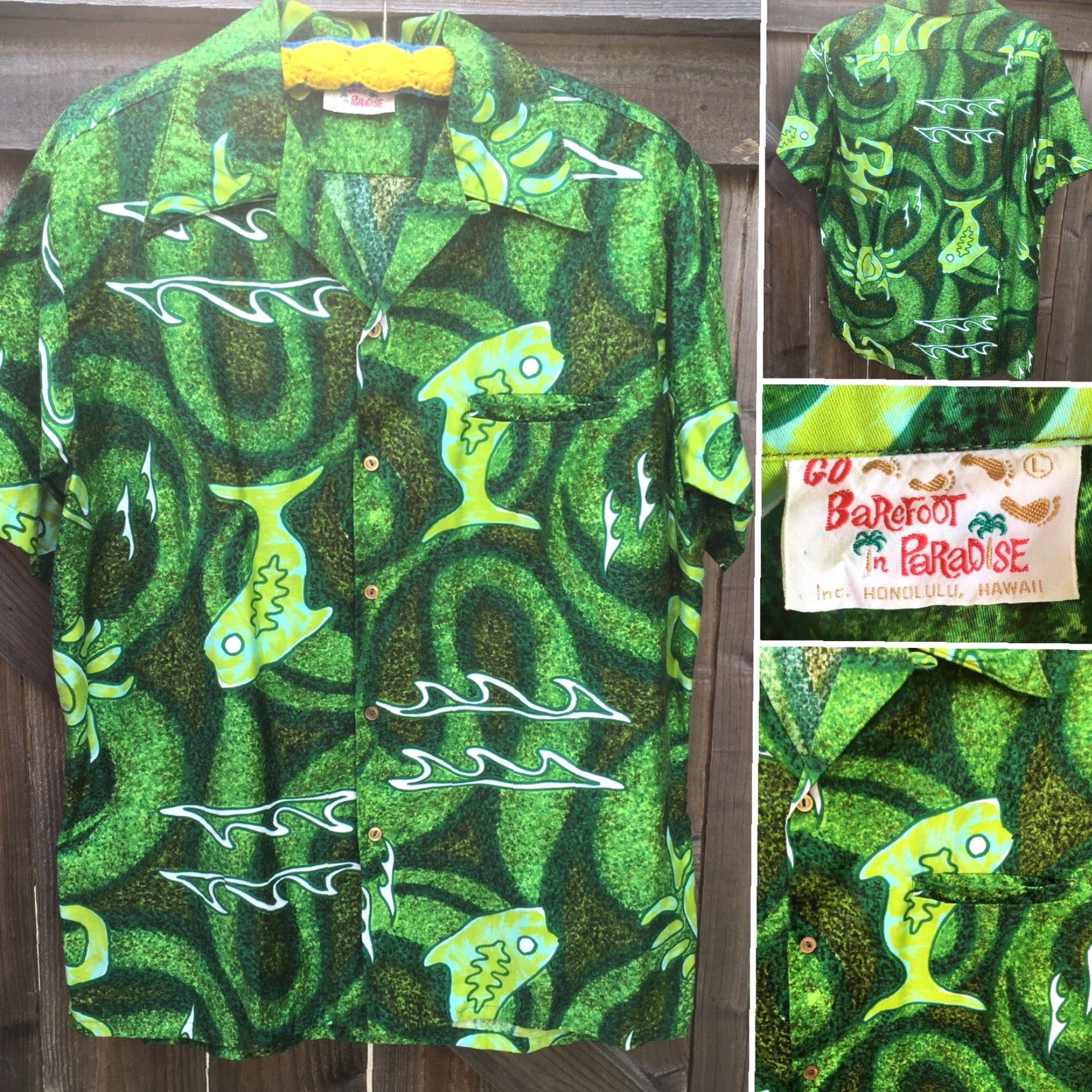Vivobarefoot Vintage Go Barefoot Honolulu Hawaiian Shirt Hawaii Tiki Aloha Fish L Green Short Sleeve Casual Sportswear/Beach Mens L Size US L / EU 52-54 / 3 - 3 Thumbnail
