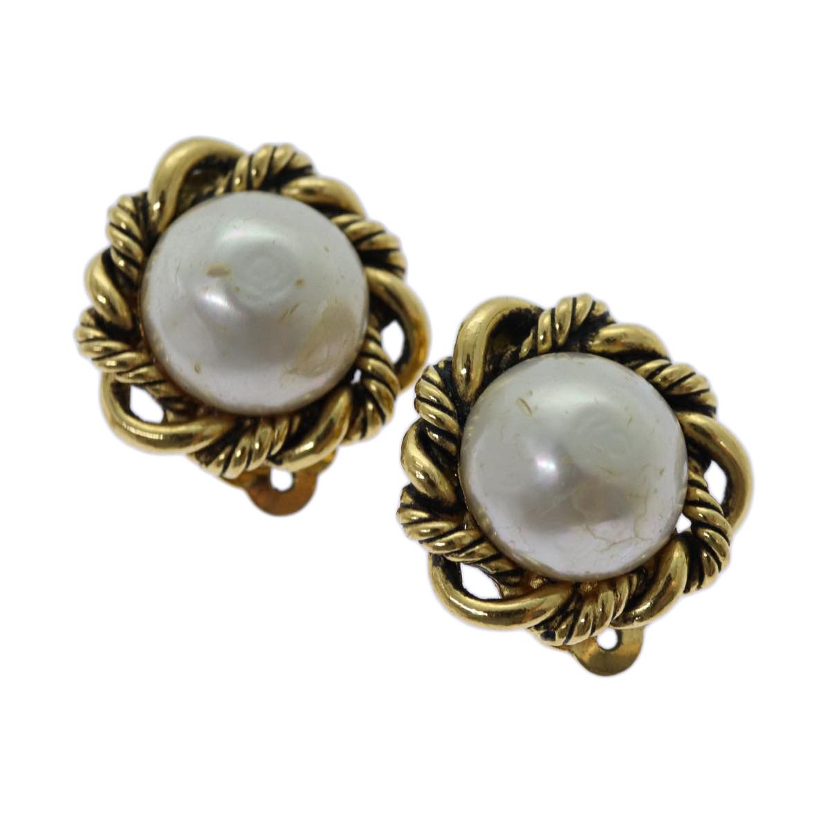 image of Chanel Pearl Earring Metal Gold Cc Auth Bs13495, Women's