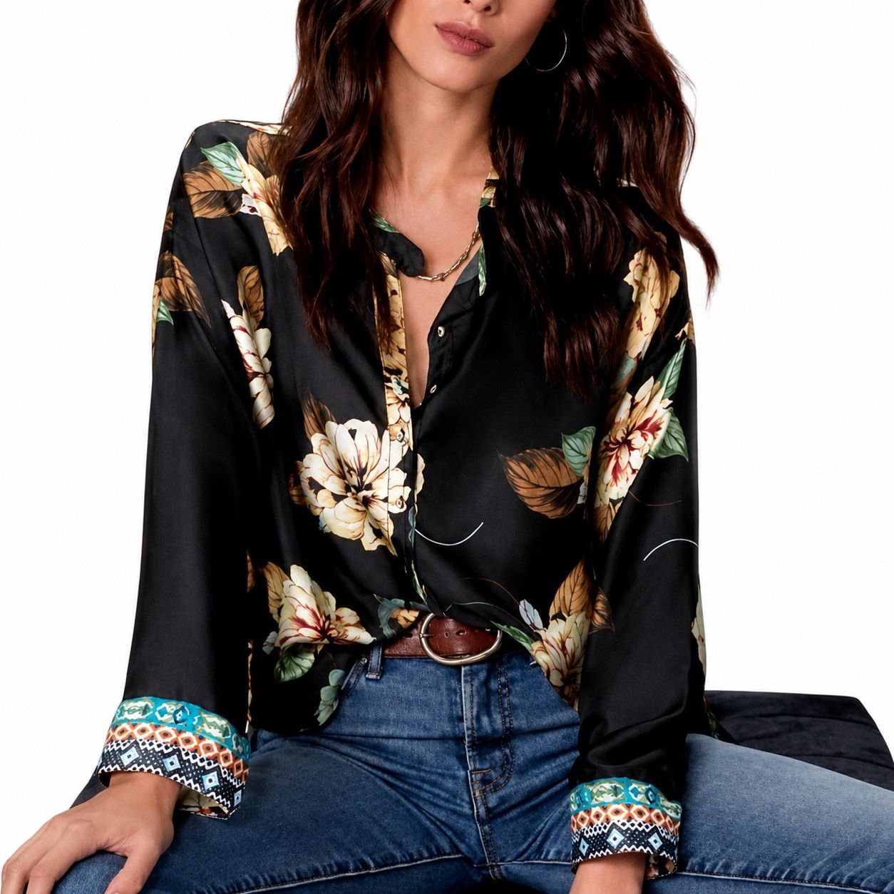 Johnny Was Johnny Was Corey Boxy Top 100% Silk Black Floral size XS Size XS / US 0-2 / IT 36-38 - 1 Thumbnail