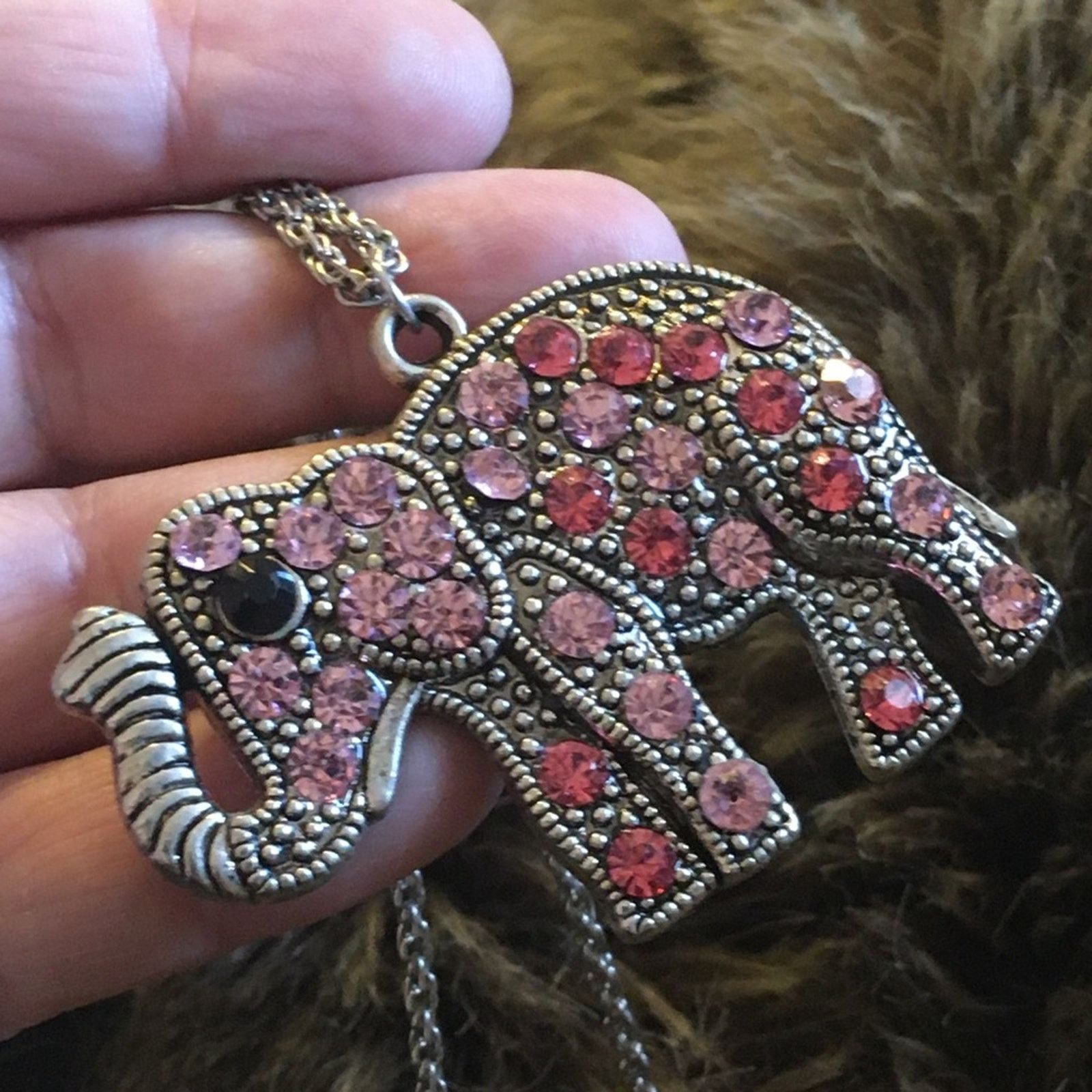 Jewelry Pink stone covered lucky elephant necklace Size ONE SIZE - 1 Thumbnail