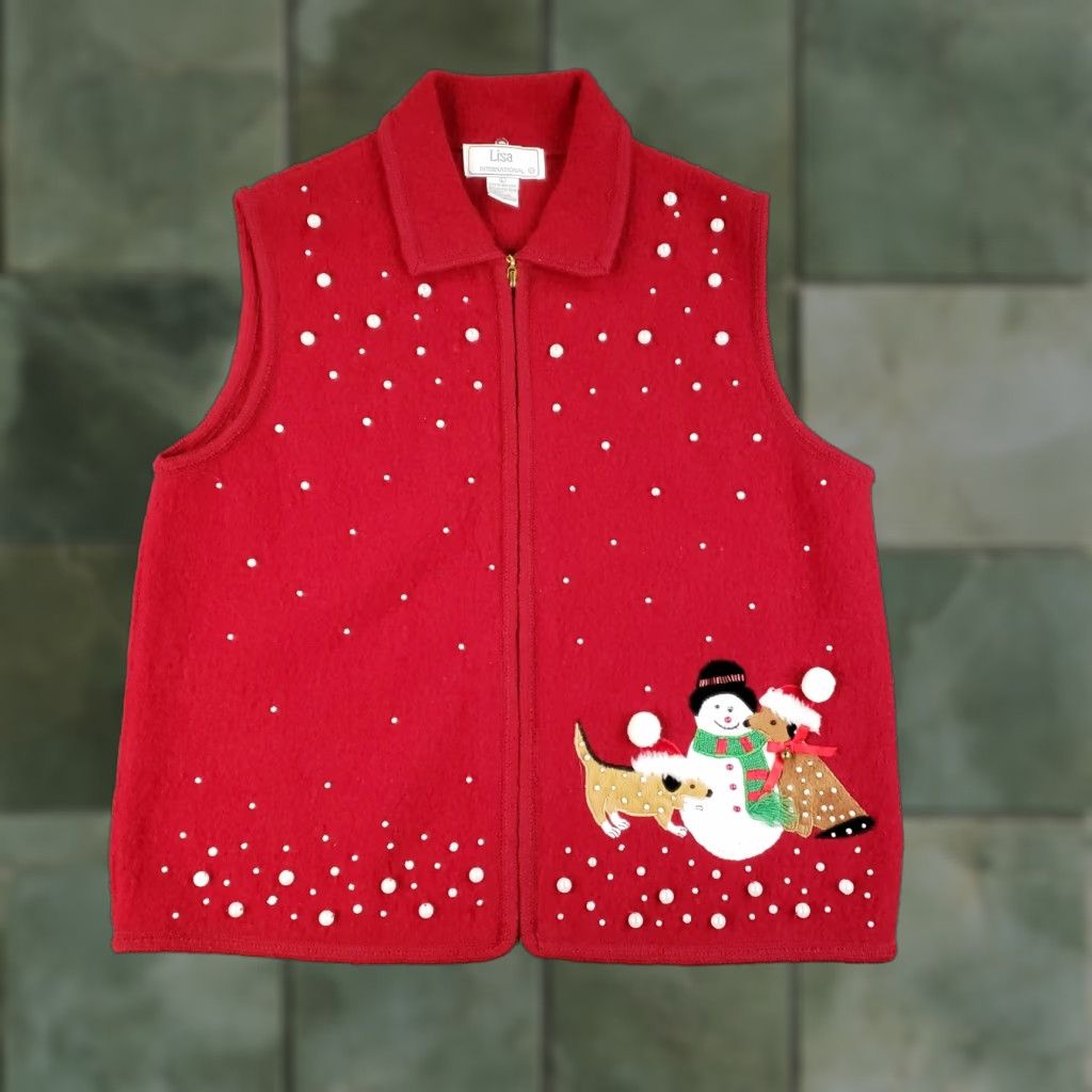 Vintage Lisa International Vest Womens Large Red Boiled Wool Christmas Beaded Snowman Size L / US 10 / IT 46 - 1 Thumbnail