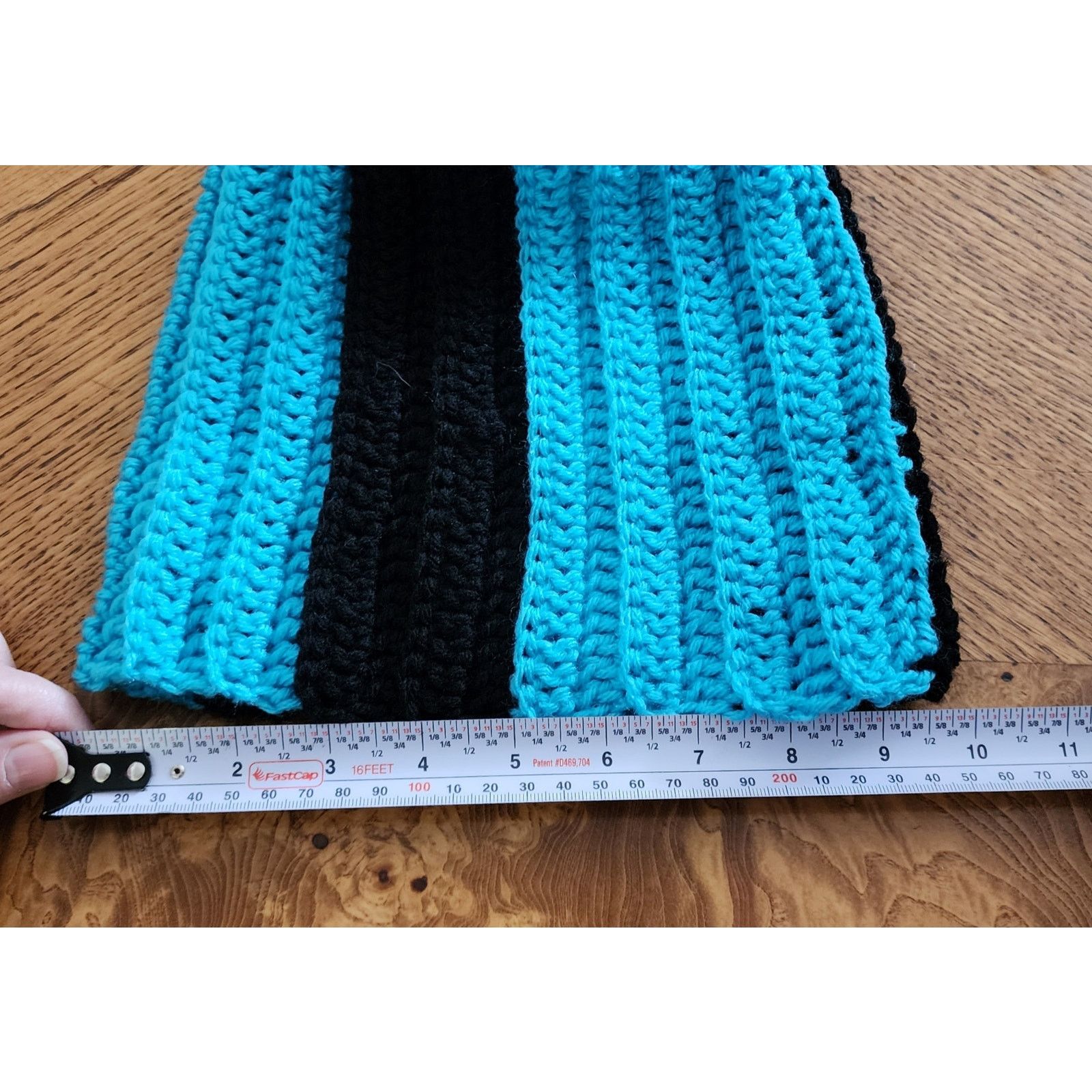 Handmade Handcrafted crocheted blue and black winter beanie. Size ONE SIZE - 2 Thumbnail