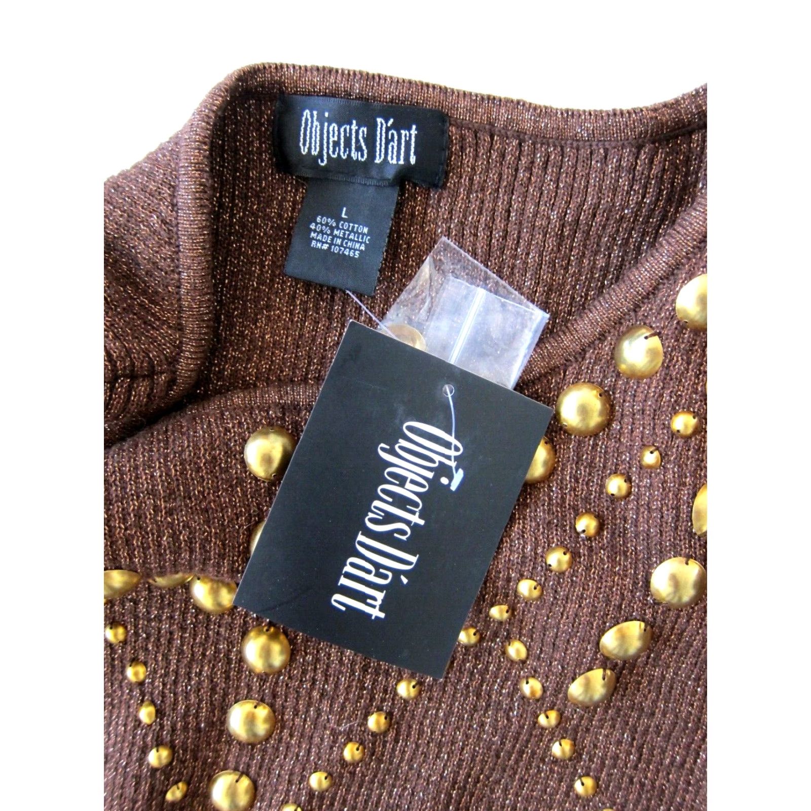 Vintage Objects D'art NWT Brown Metallic Gold Studded 3/4 Sleeve Sweater Large Women Shirt Pullover Round Neck 60% cotton 40% metallic Size L / US 10 / IT 46 - 4 Thumbnail