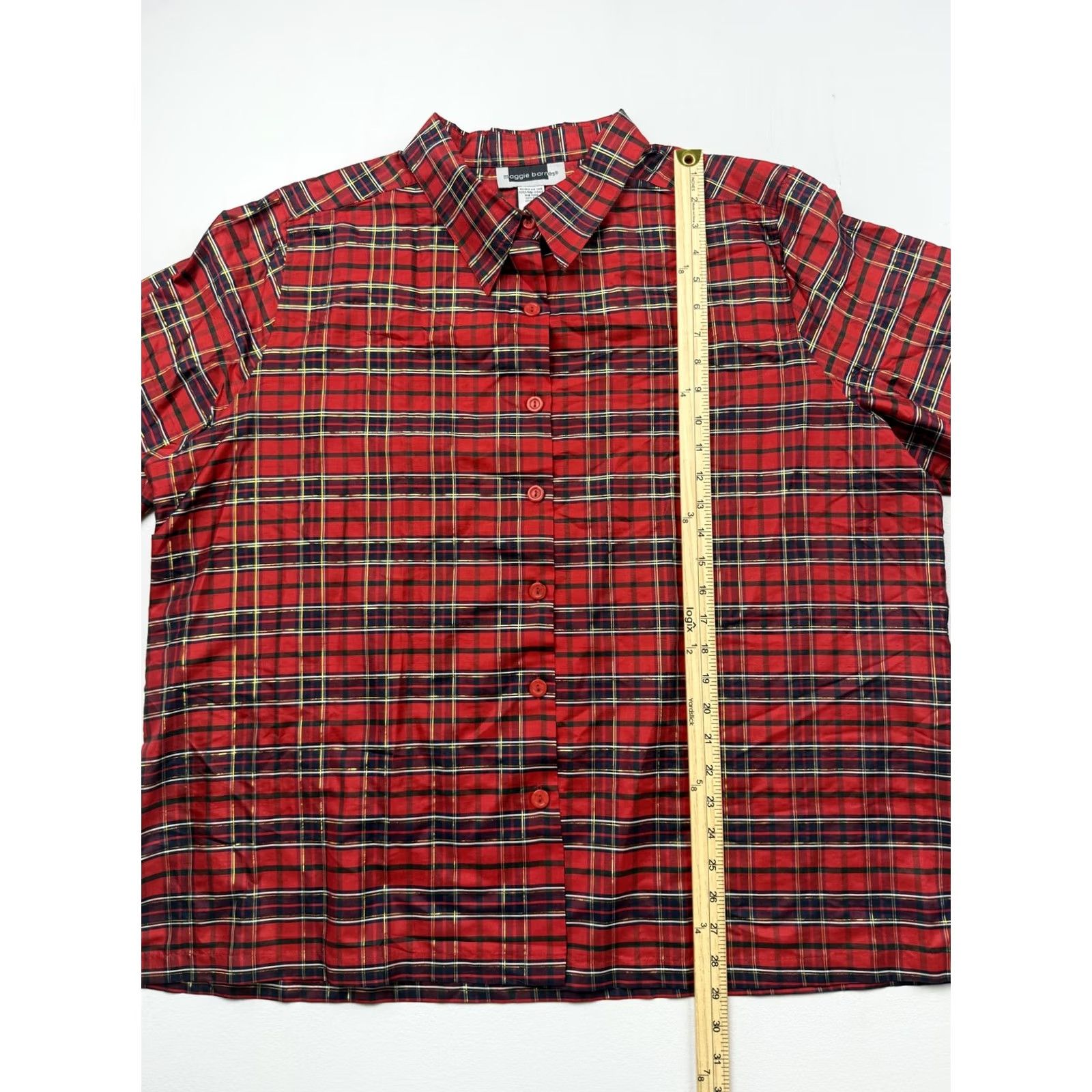 Vintage Maggie Barnes Shirt Womens 24 Red Plaid Collared 3/4 Sleeve Silk Top Size 4XL / US 24-26 - 5 Thumbnail