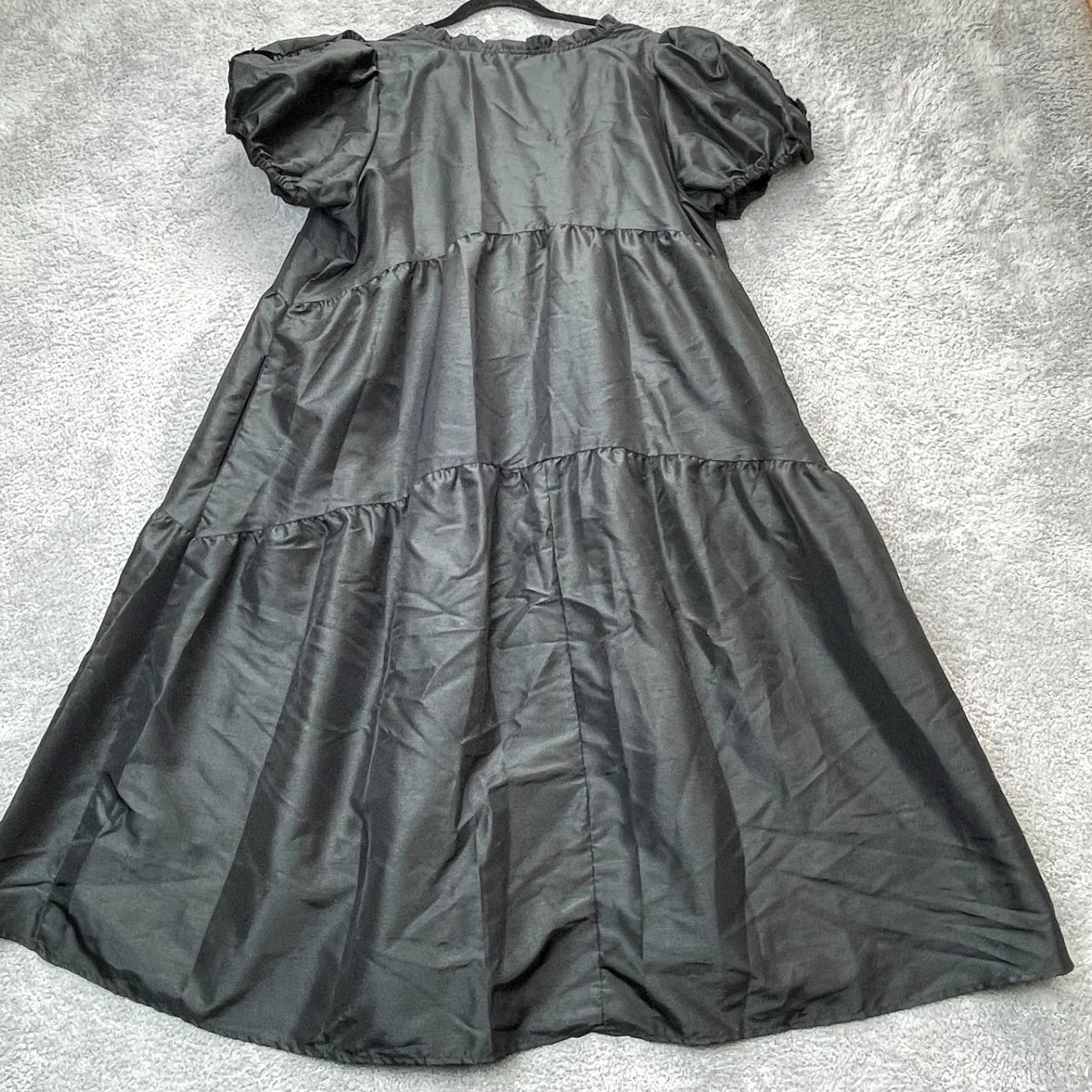 Vintage Kika Vargas Dress Womens XL Plus Black Fit & Flare Puff Sleeve Tiered Ruffle Short Sleeve V-Neck Size XL / US 12-14 / IT 48-50 - 7 Thumbnail