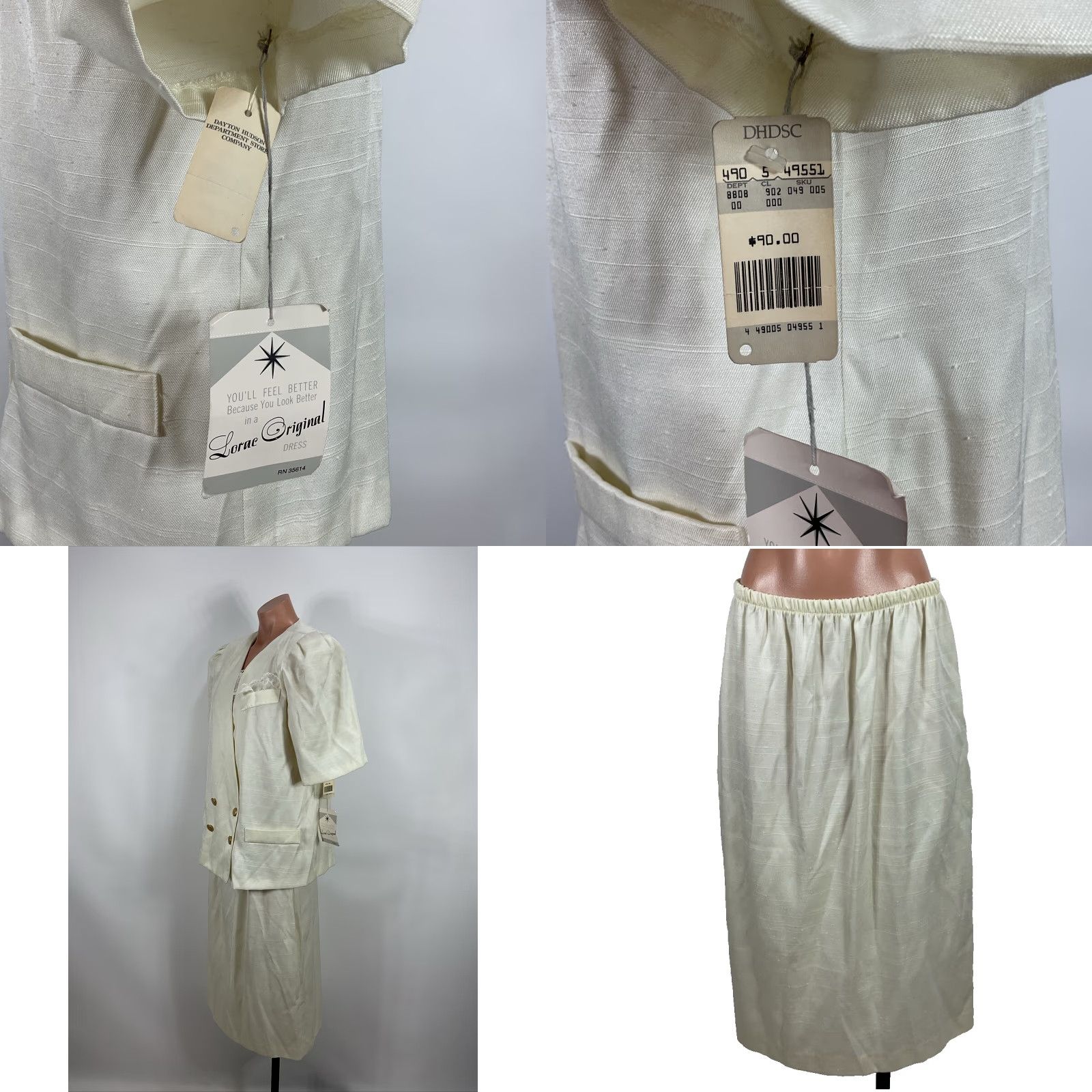 VINTAGE LORAC ORIGINAL Skirt Suit Womens 14 Ivory Linen Like Puffy Shoulder UNIONMADE Secretary/Geek 1980s