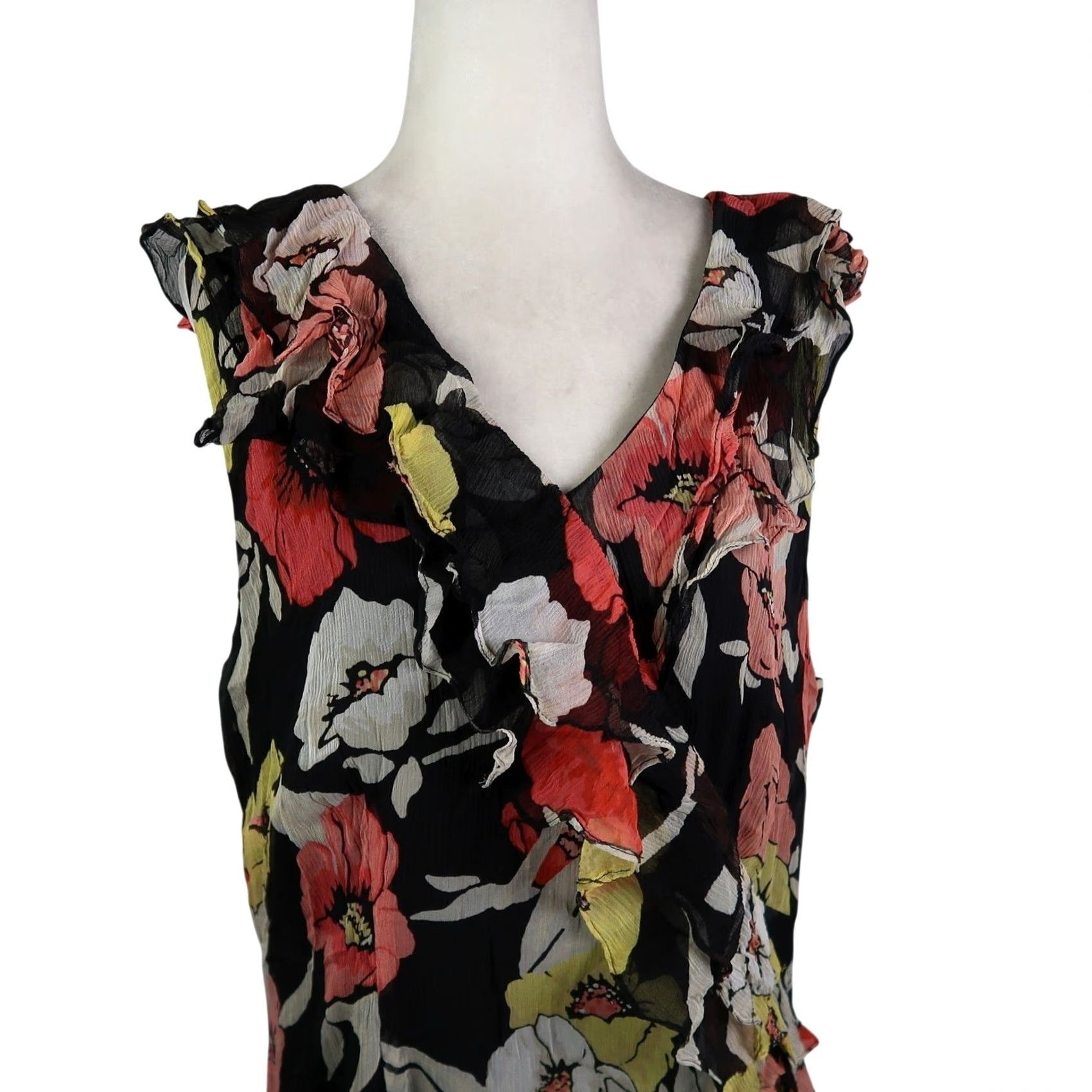 Alfani VINTAGE Alfani Black Floral Silk Midi Dress Ruffle Trim 16W Size XXL / US 16-18 / IT 52-54 - 2 Thumbnail