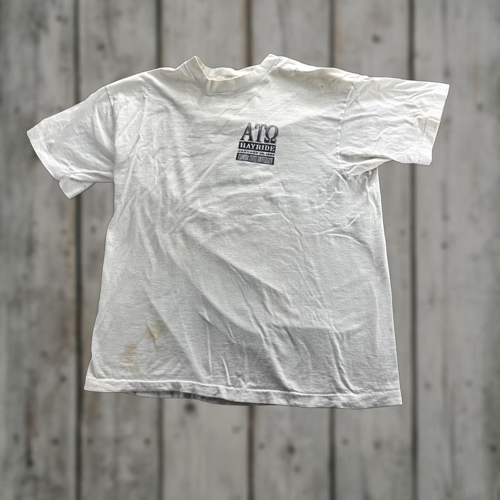 Fruit Of The Loom VINTAGE Alpha Tau Omega Florida State Shirt Mens XL Ivory 1993 90s FSU Hayride Graphic Back Cowboys Mens Size US XL / EU 56 / 4 - 1 Thumbnail