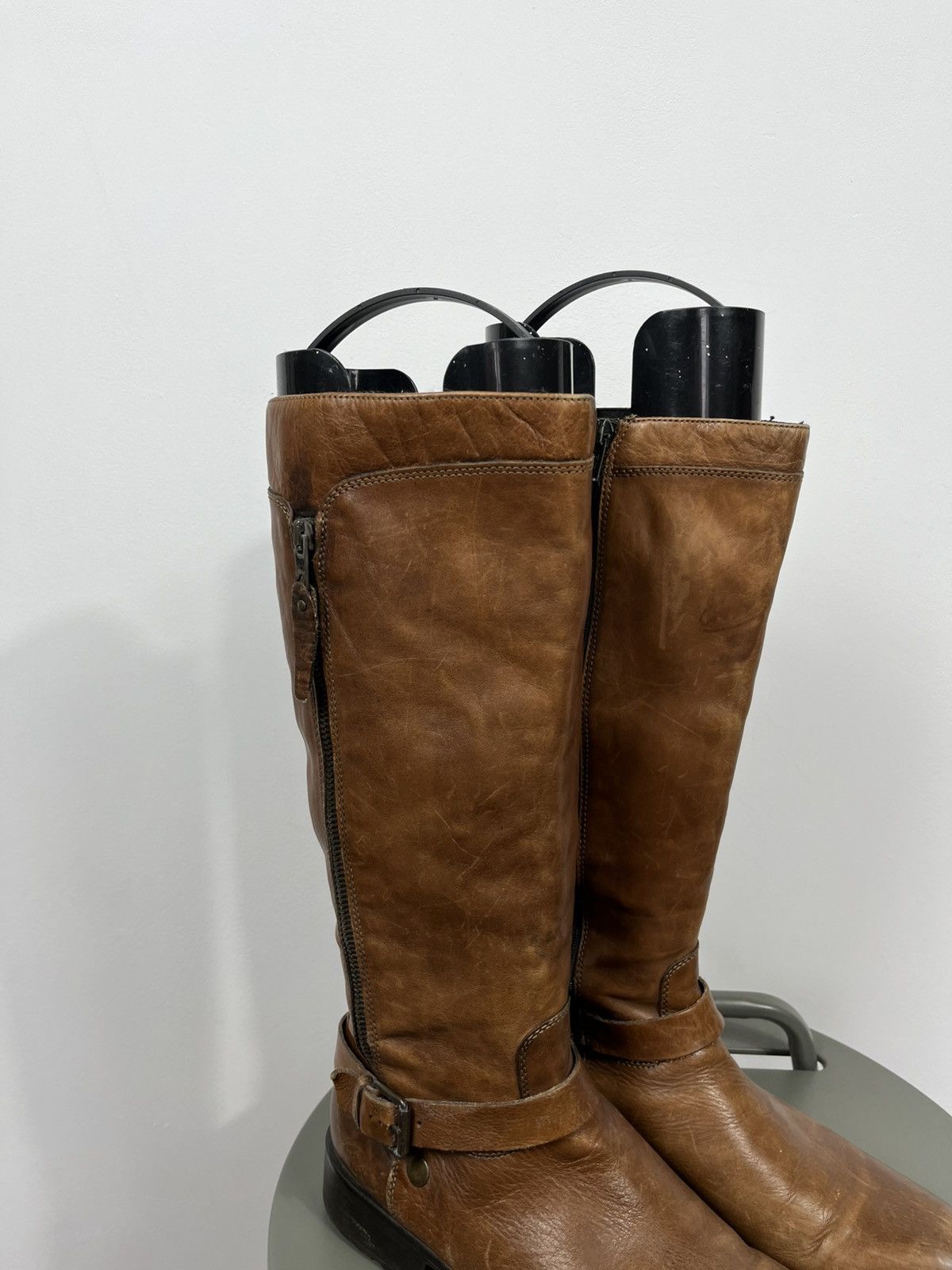 Leather Vintage Brown Leather Knee High Boots Side Zip Buckle EU 41 Size US 10 / IT 40 - 2 Thumbnail