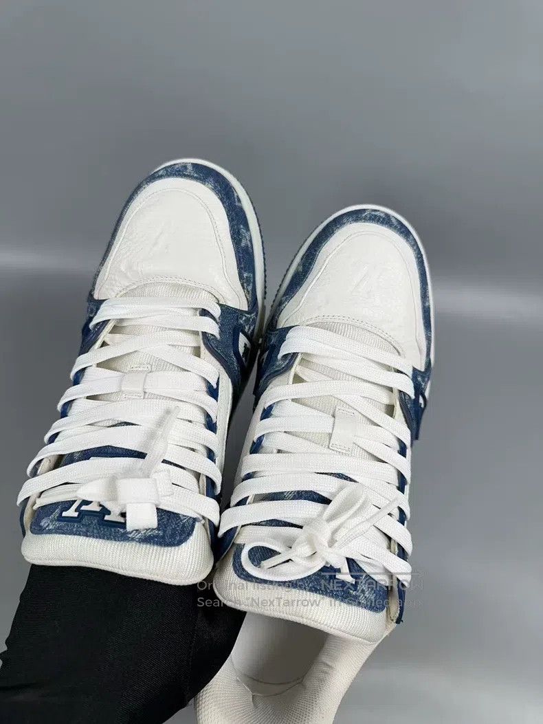 Louis Vuitton Louis Vuitton White and Blue Full Print Denim Trainer Casu Size US 7 / EU 40 - 4 Thumbnail