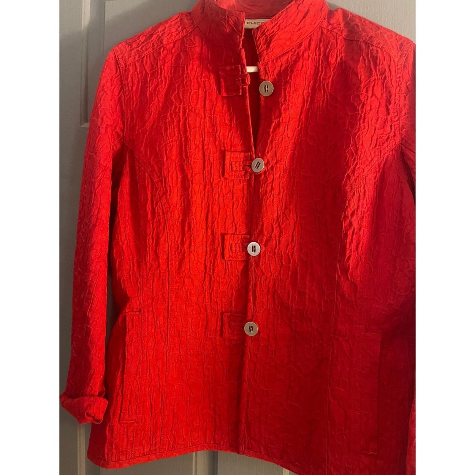 Chicos Chico's Red Textured Mandarin Jacket Sz 1 M Crinkle Cloque Size M / US 6-8 / IT 42-44 - 2 Thumbnail