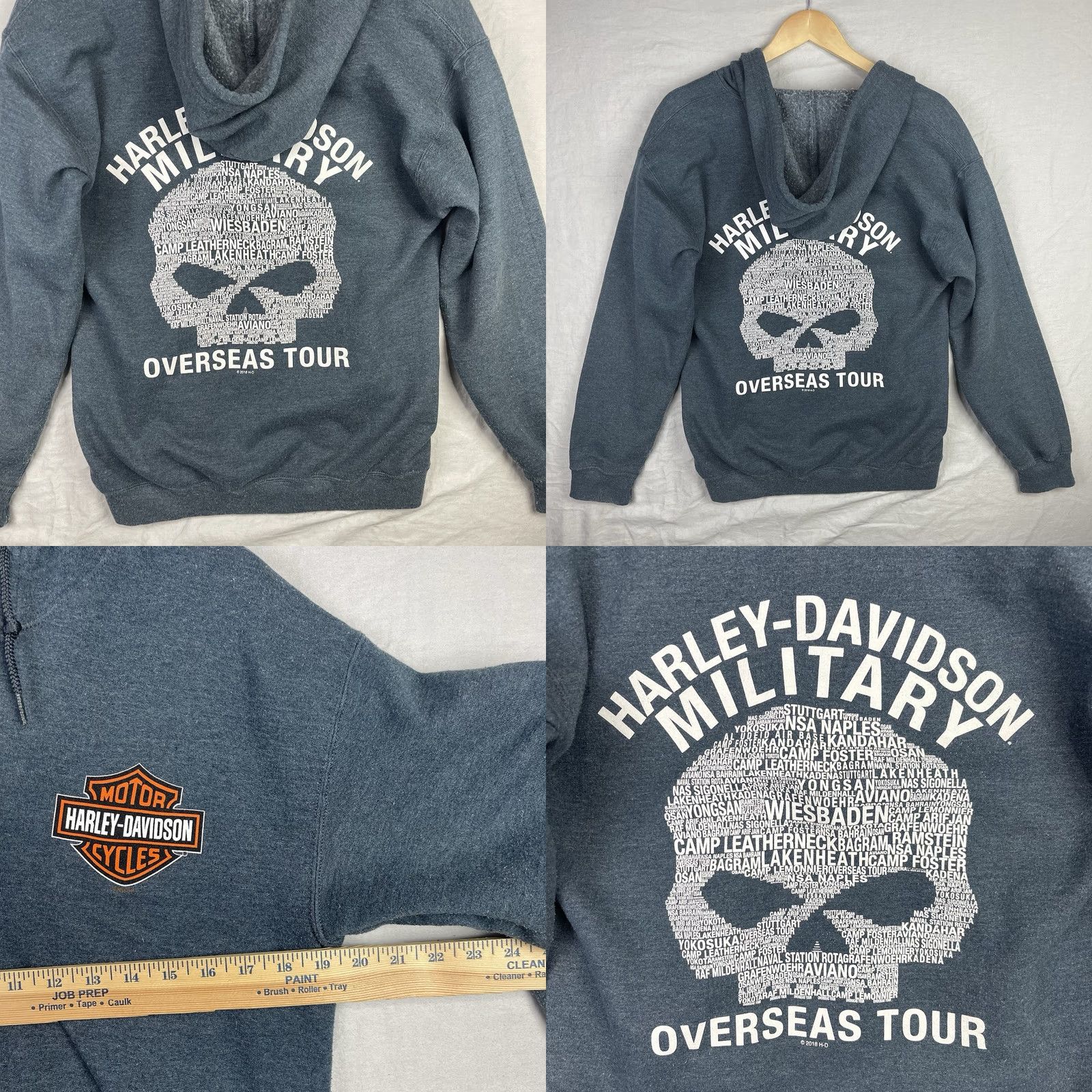 Harley Davidson Harley-Davidson Hoodie Mens M Blue Full Zip Military Overseas Tour Skull Graphic Print Front Logo Zipper Pocket Hooded Size US M / EU 48-50 / 2 - 8 Thumbnail