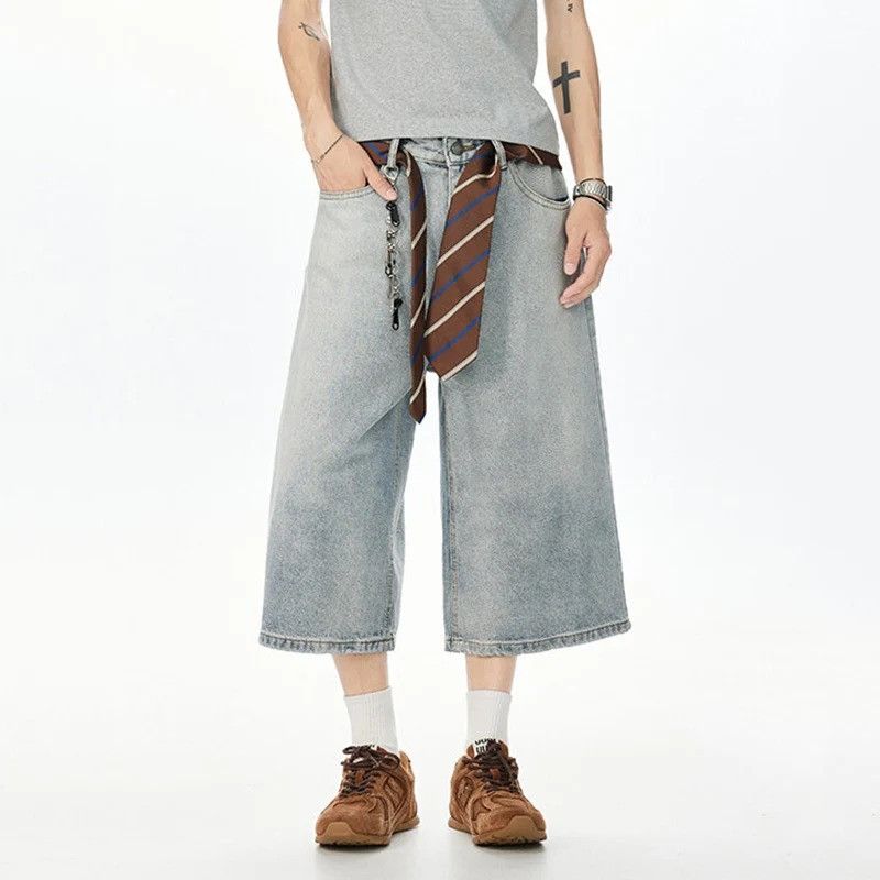 Simple Washed Denim Shorts Men Loose Fit Summer