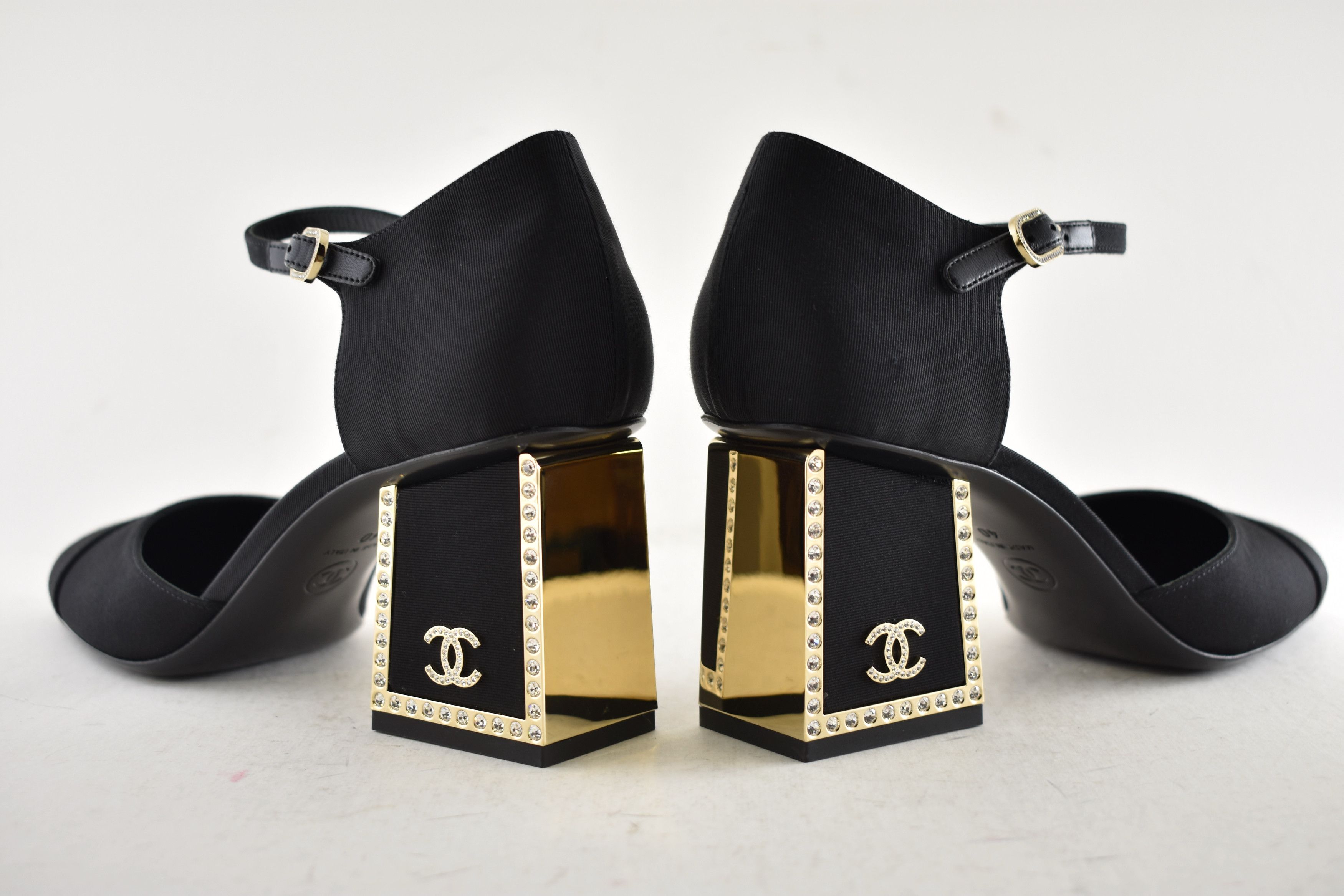 Chanel Chanel 24B Crystal Logo Gold Ankle Strap Block Heel Pump 40 Size US 10 / IT 40 - 18 Thumbnail