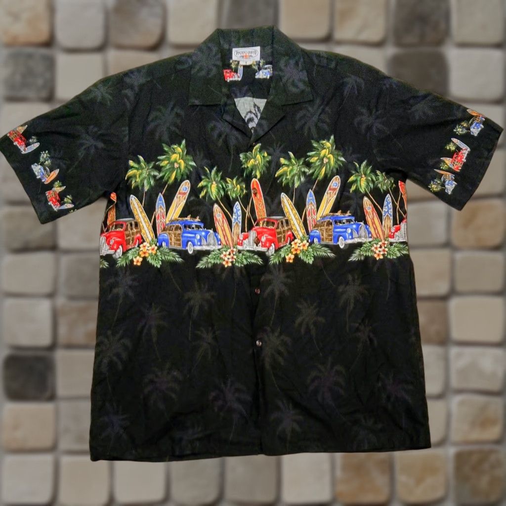Vintage VINTAGE Pacific Legend Apparel, Inc. Hawaiian Shirt Mens Large Black 100% Cotton Woodie Cars Surfboard Beach Aloha 90s Size US L / EU 52-54 / 3 - 1 Thumbnail