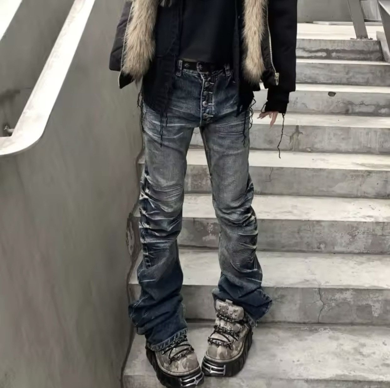 Denime × Jean American Retro Y2K Crack Wash Jeans Size US 31 - 5 Thumbnail