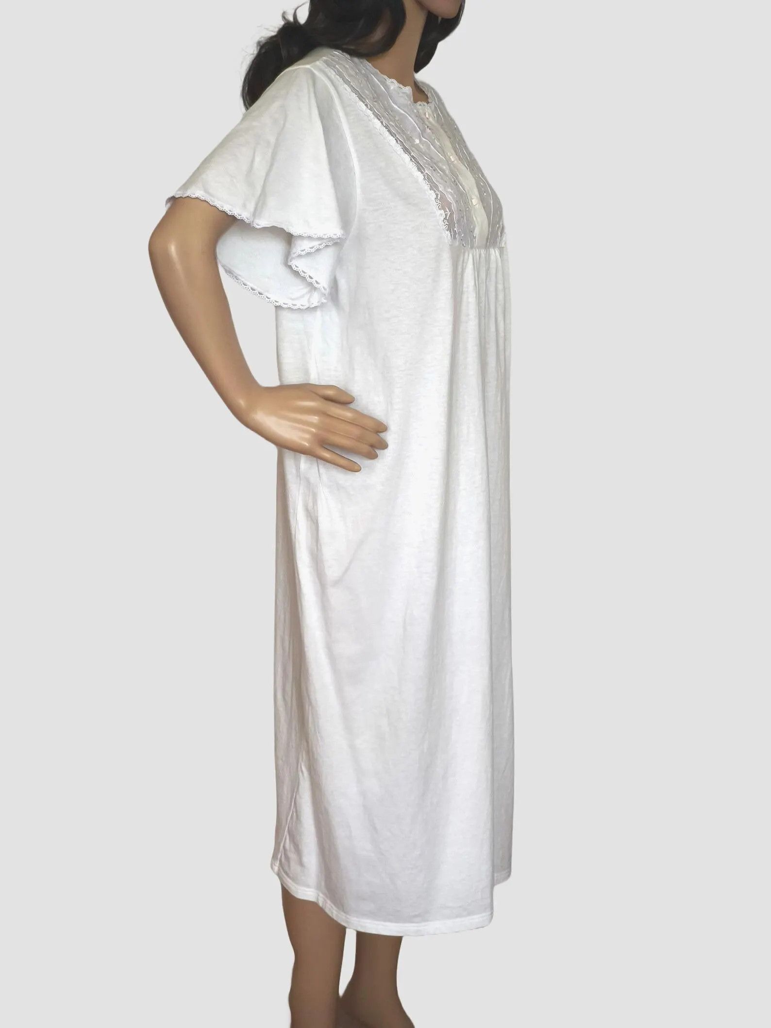 C&A White Cotton Embroidered Short Sleeve Button Up Nightgown Size L / US 10 / IT 46 - 8 Thumbnail