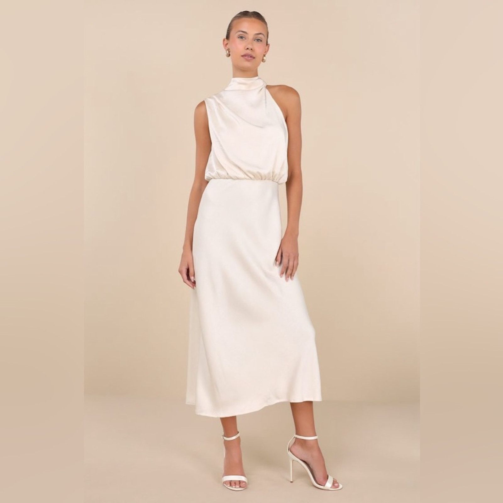 Other Lulu Greta Champagne Crinkle Satin Mock Neck Sleeveless Midi Size L / US 10 / IT 46 - 7 Thumbnail